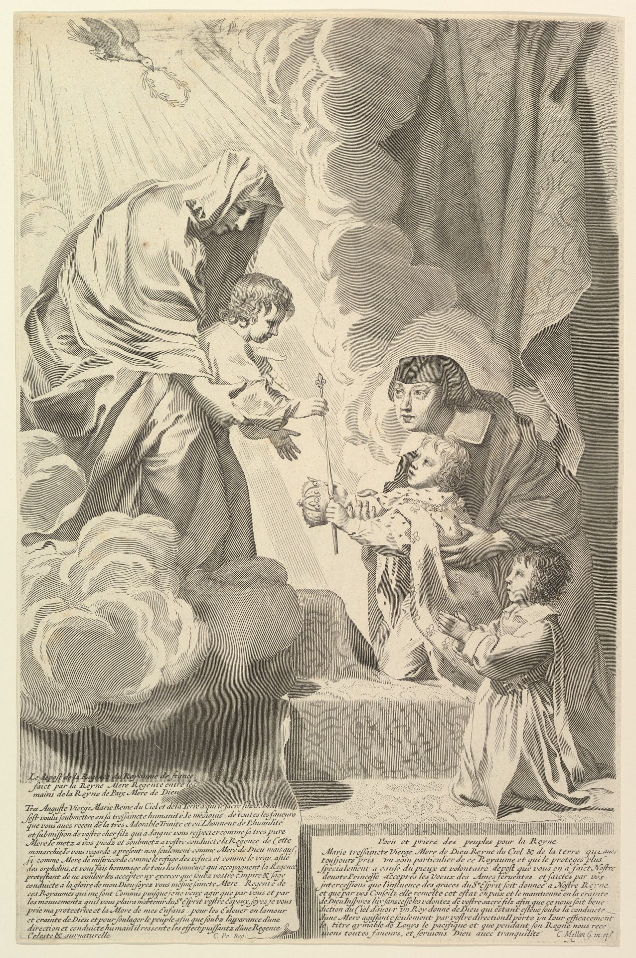 Anne of Austria with the Young Louis XIV and Monsieur before the Virgin and Child (Anne d'Autriche déposant le régence du royaume de France entre les mains de la Vierge Marie) by Claude Mellan