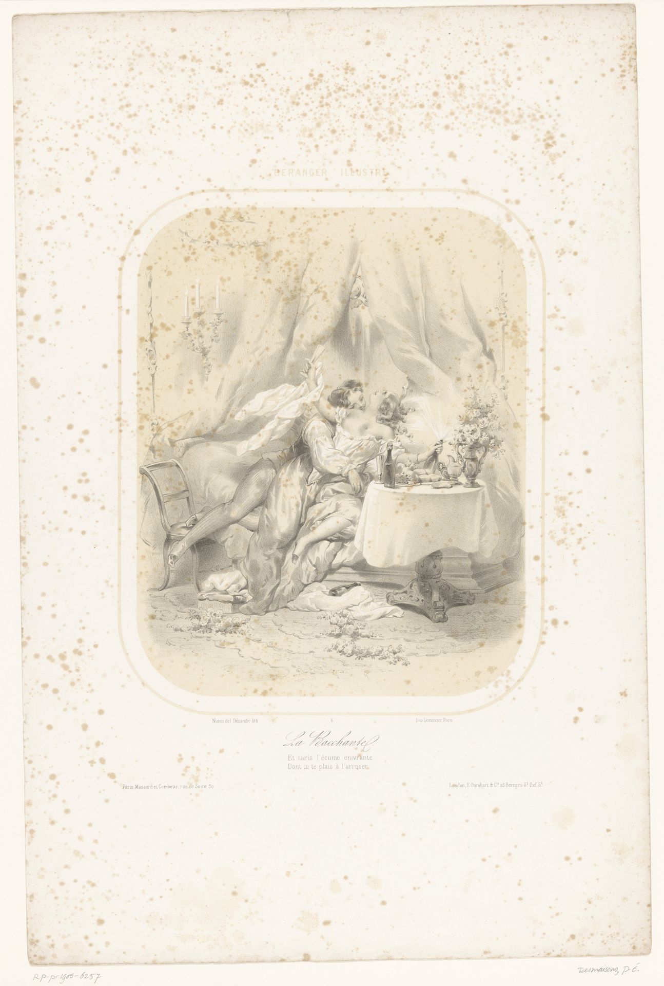 Jonge vrouw, omhelsd door minnaar, ontkurkt een fles champagne by Jules Marie Desandré
