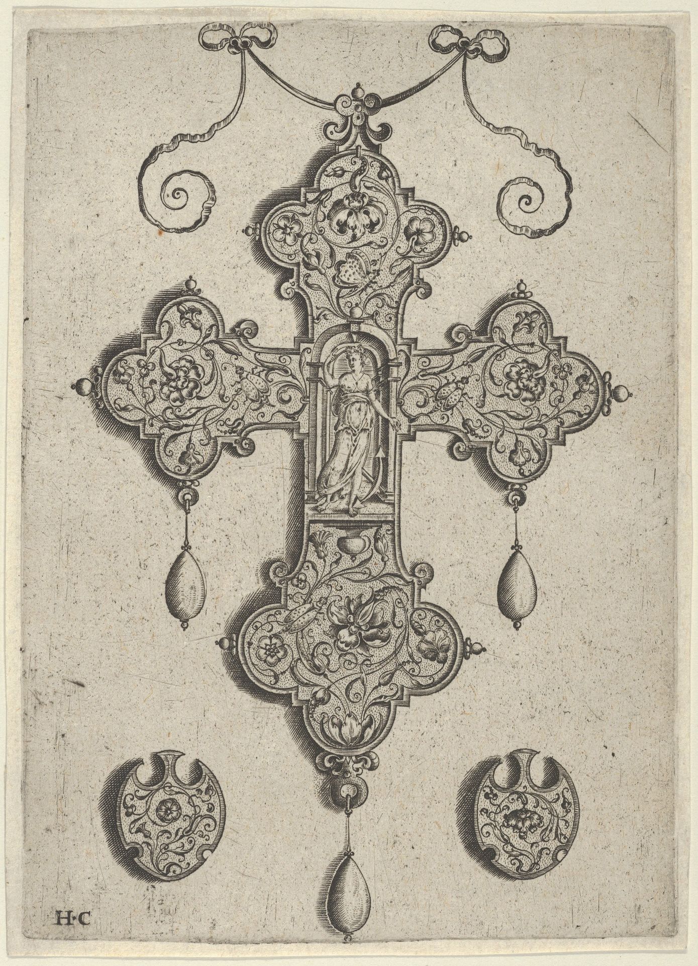 Cross-Shaped Pendant Design with Hope Standing in a Circular Temple by Jan Collaert I