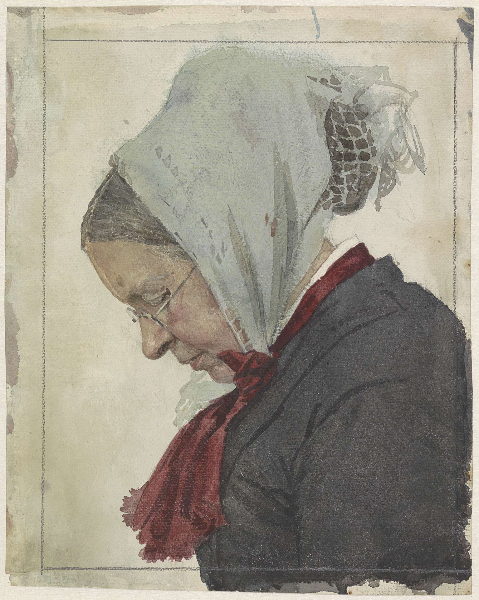 Oude vrouw met hoofddoek en rode sjaal by Jan Veth