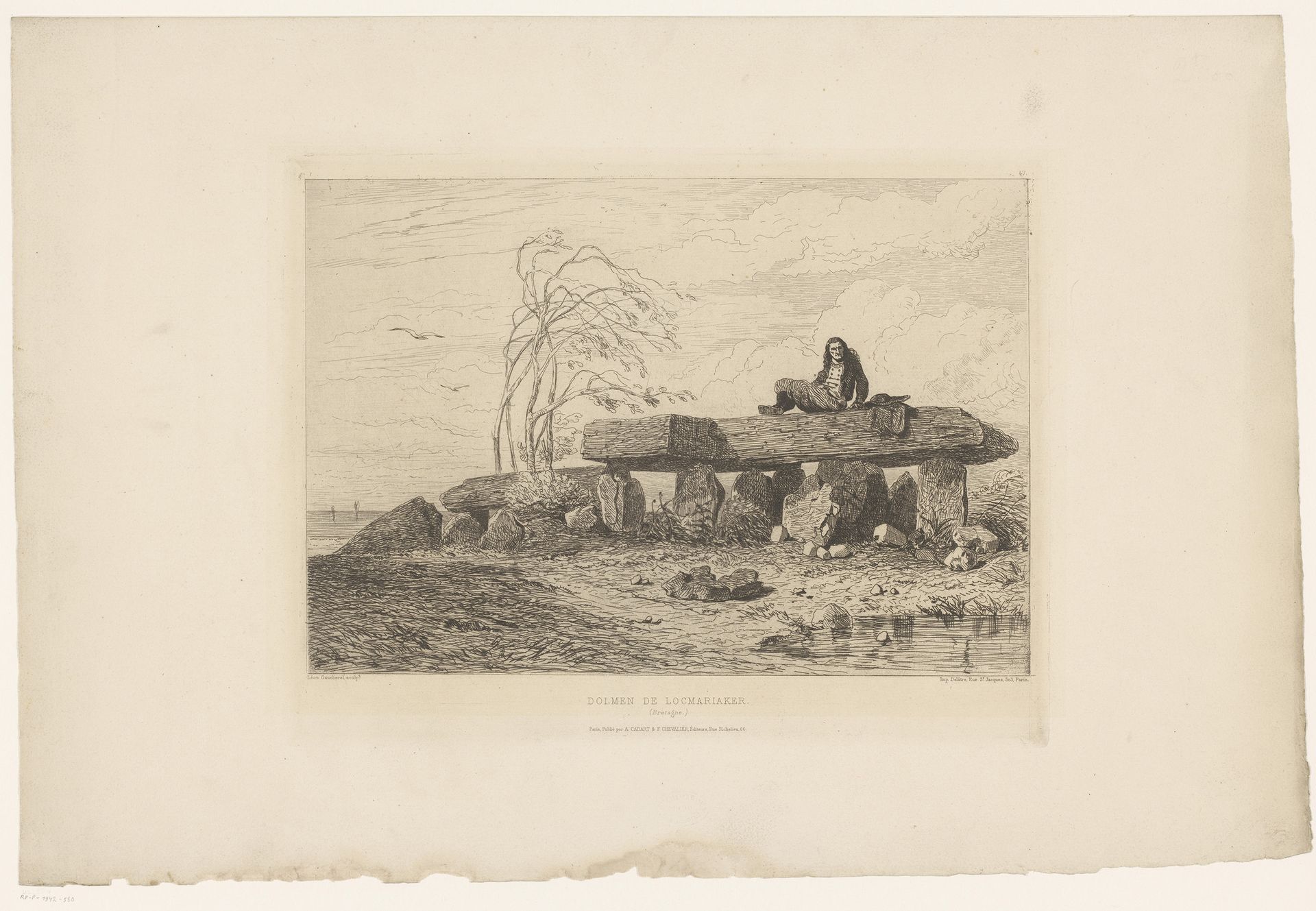 Landschap met gestapelde rotsblokken en rustende man by Léon Gaucherel