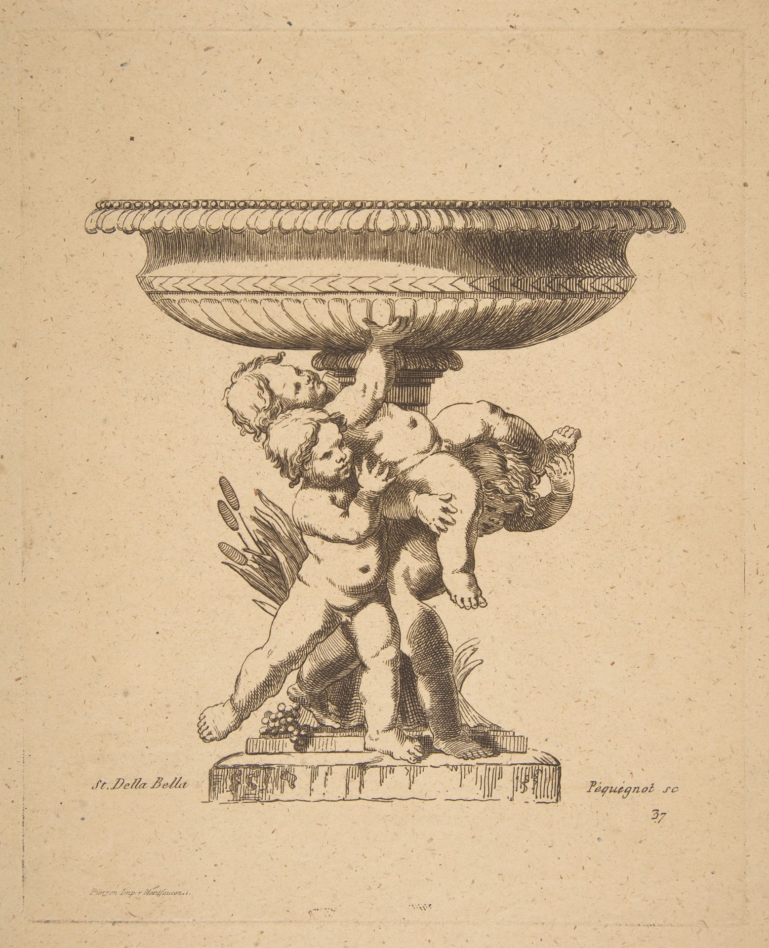 Ornamental design of three children holding up a fountain by Auguste Pequegnot