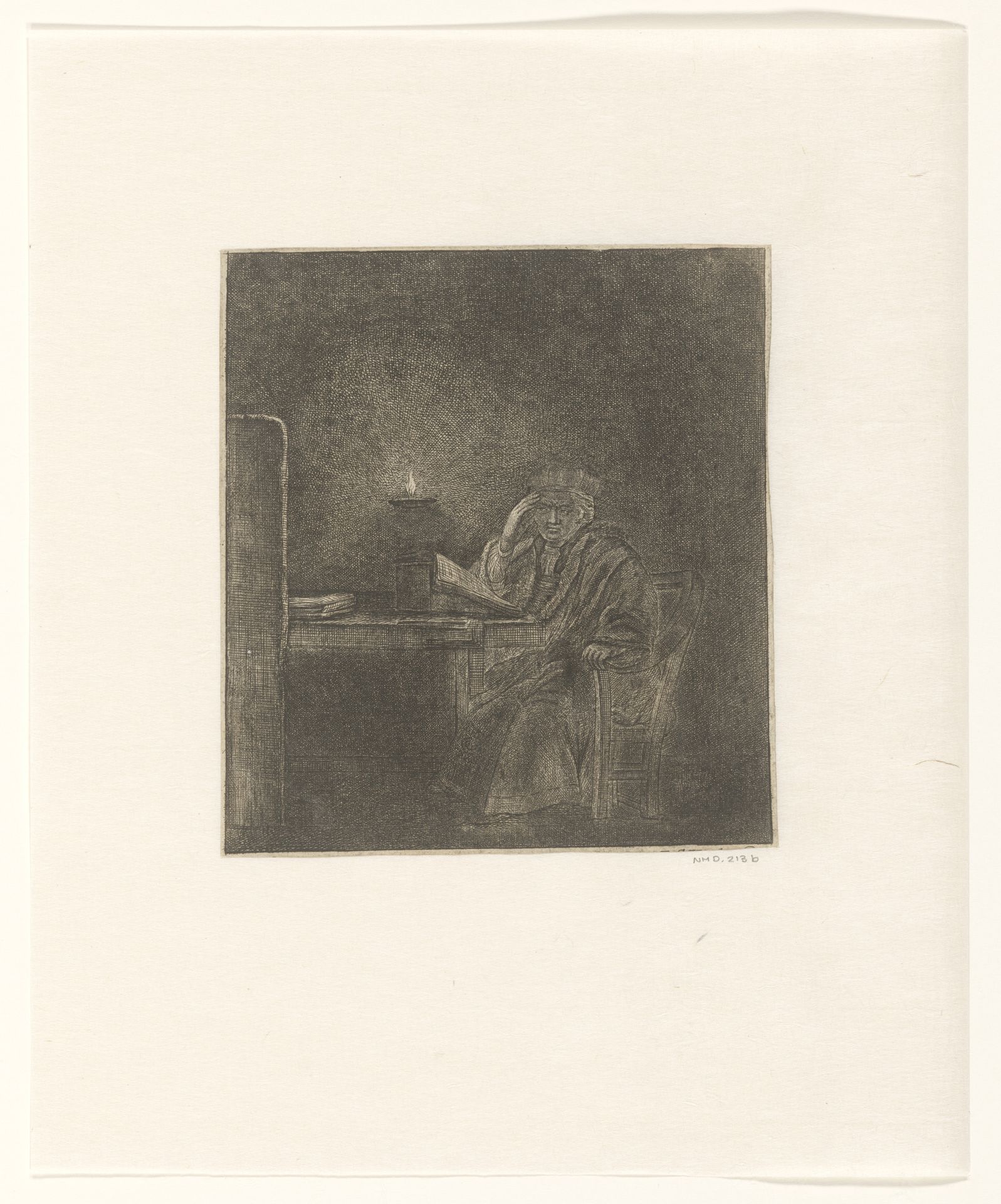 Student at a table by candlelight by Anonymous