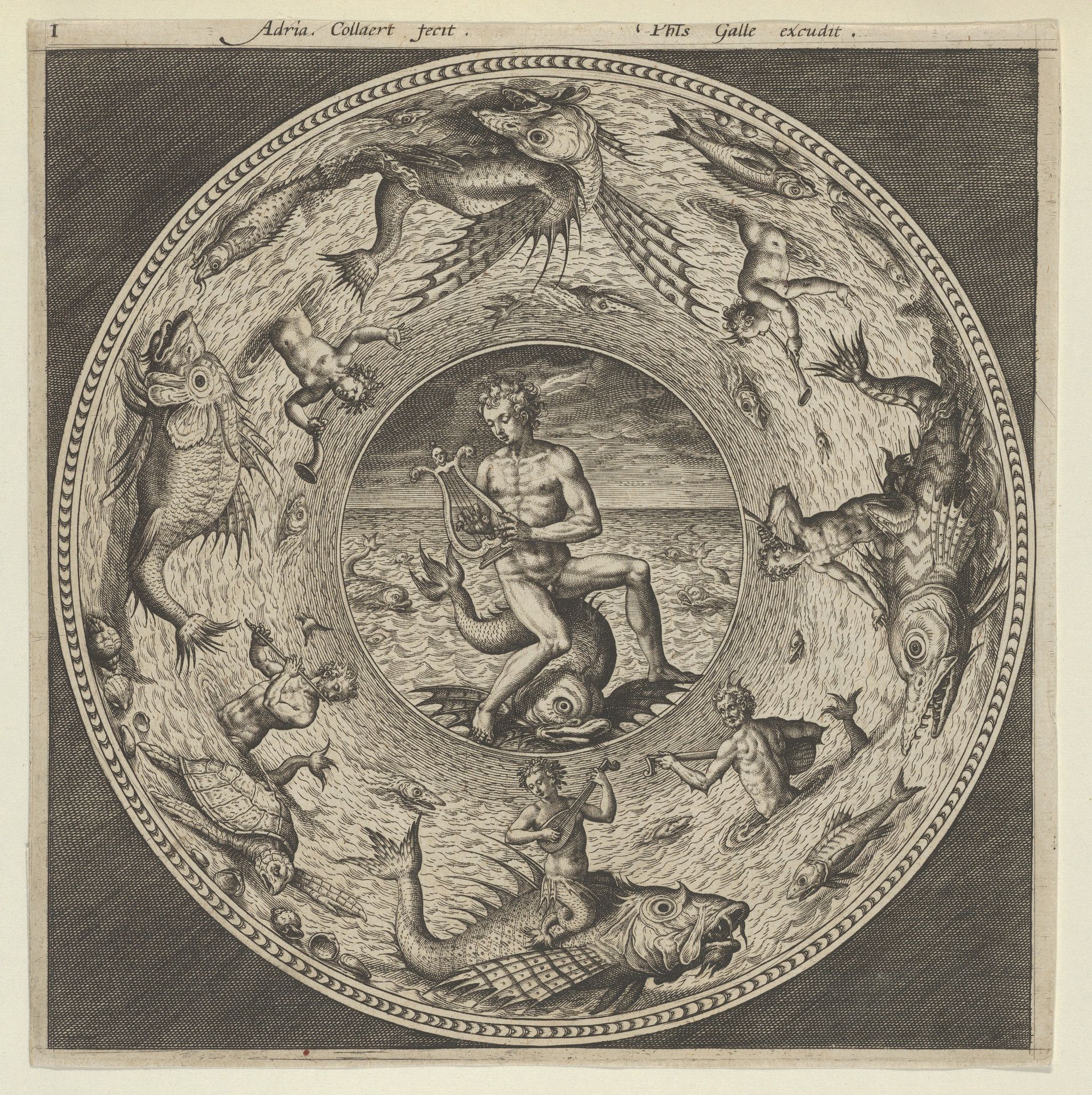 Design for a Plate with Arion Riding a Dolphin in a Medallion Bordered by Sea Monsters by Adriaen Collaert