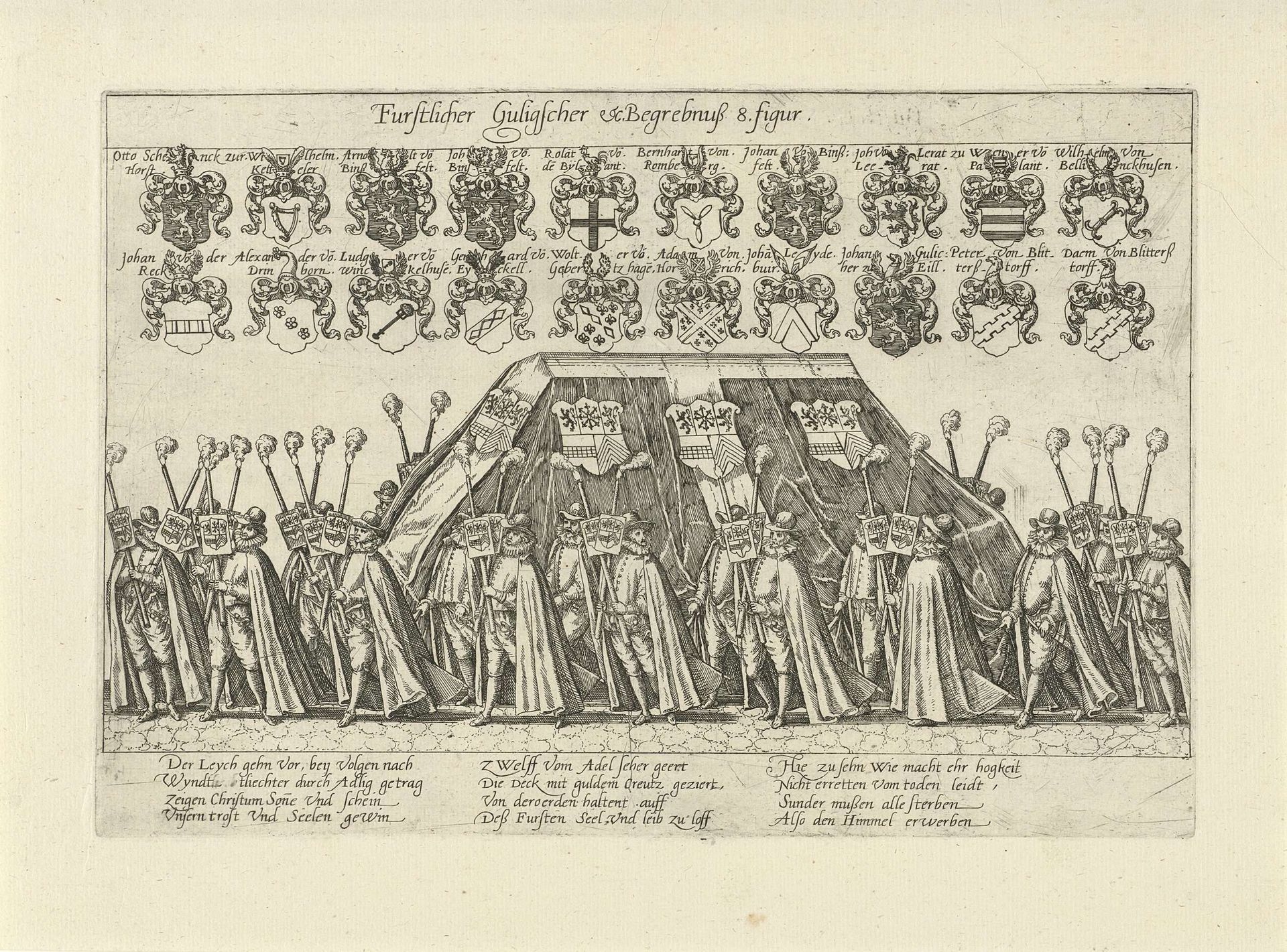 Begrafenisstoet met fakkeldragers rond de kist by Frans Hogenberg