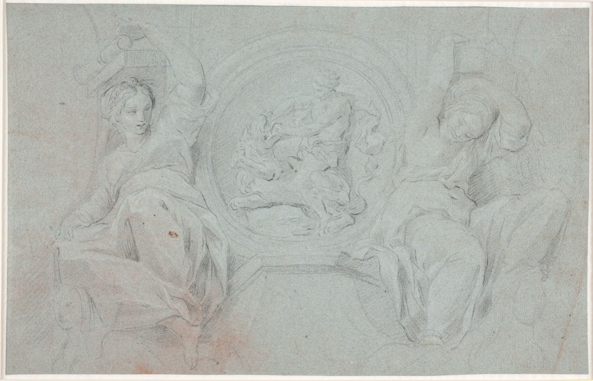 To siddende kvindefigurer omkring en medaillon med Herakles' (eller Samsons) kamp med løven by Hendrik Krock