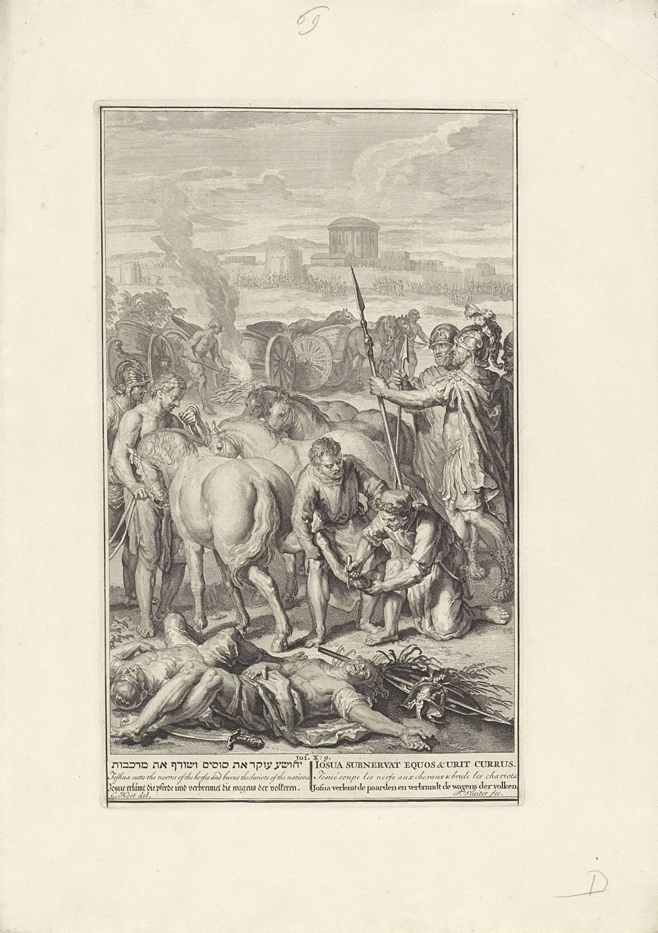 Jozua verlamt de paarden en verbrandt de wagens der volken by Pieter Sluyter