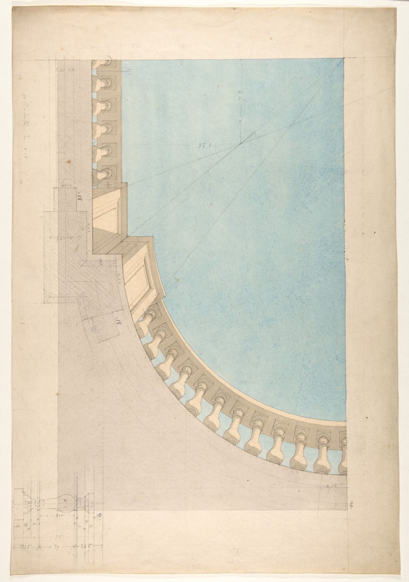 Perspectival study for one quadrant of a ceiling design including a trompe l'oeil balustrade by Jules-Edmond-Charles Lachaise