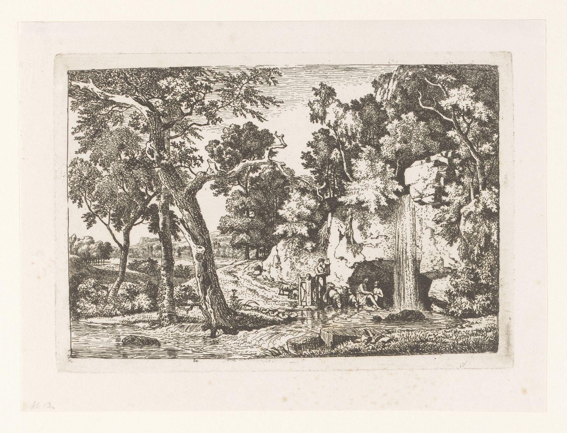 Landschap met een lierspelende herder bij een grot en waterval by Jean Louis Demarne
