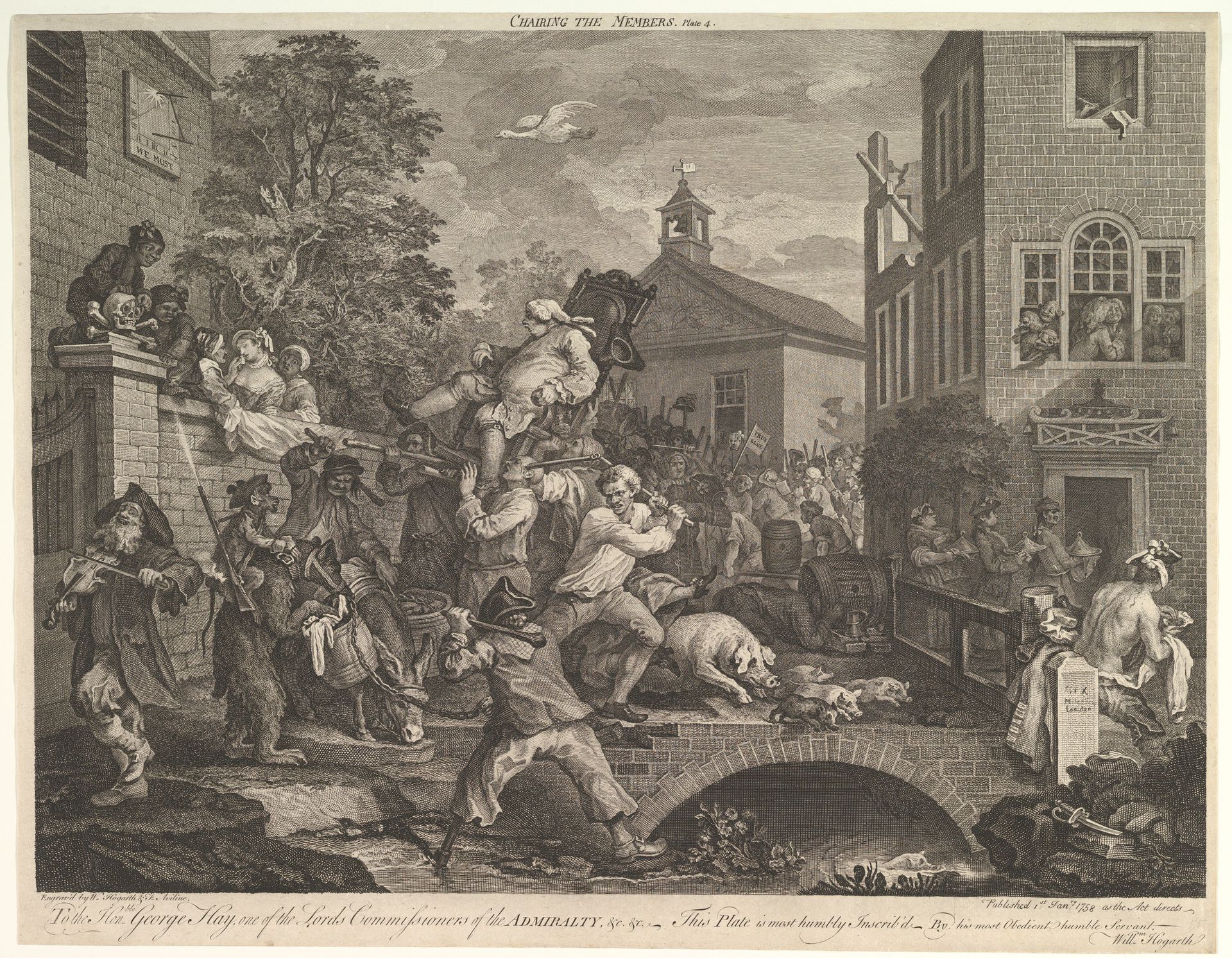 Chairing the Members, Plate IV: Four Prints of an Election by William Hogarth