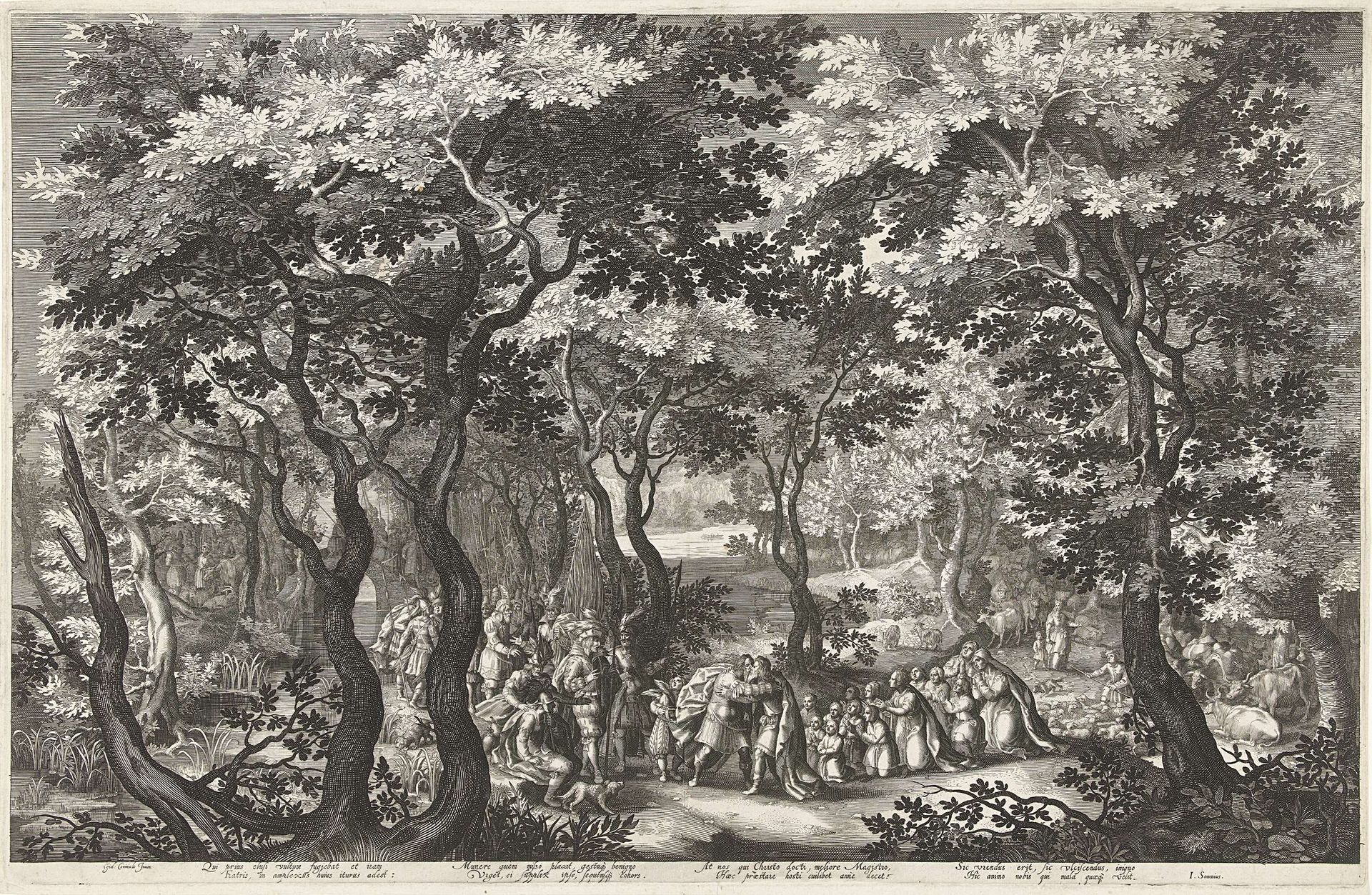 Landschap met de ontmoeting van Jacob en Esau by Boëtius Adamsz. Bolswert