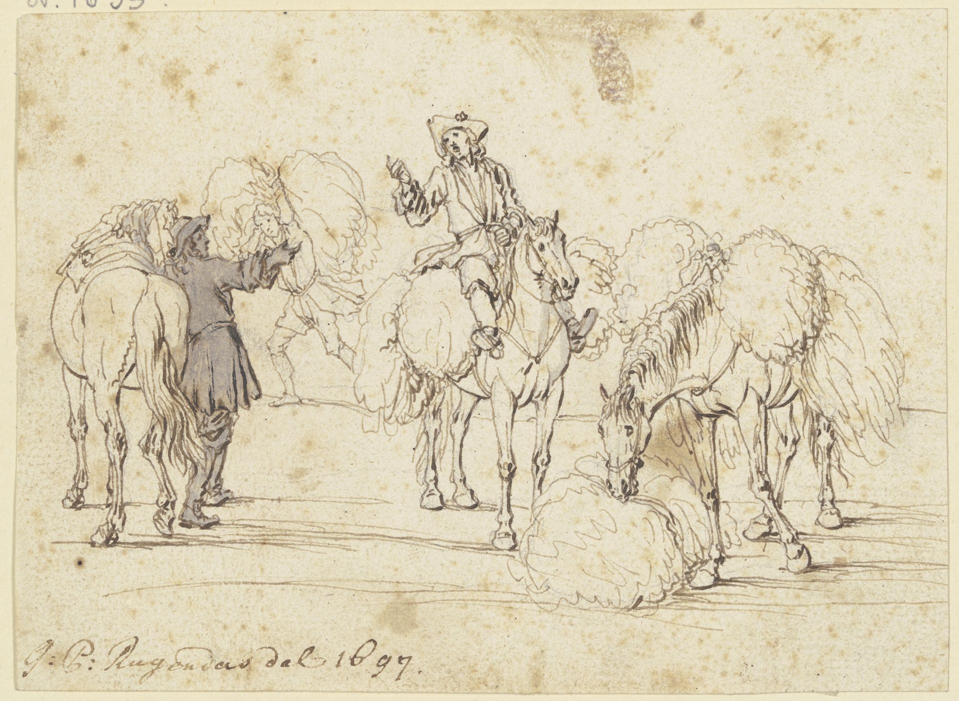 Zwei furagierende Reiter mit drei Pferden by Georg Philipp Rugendas