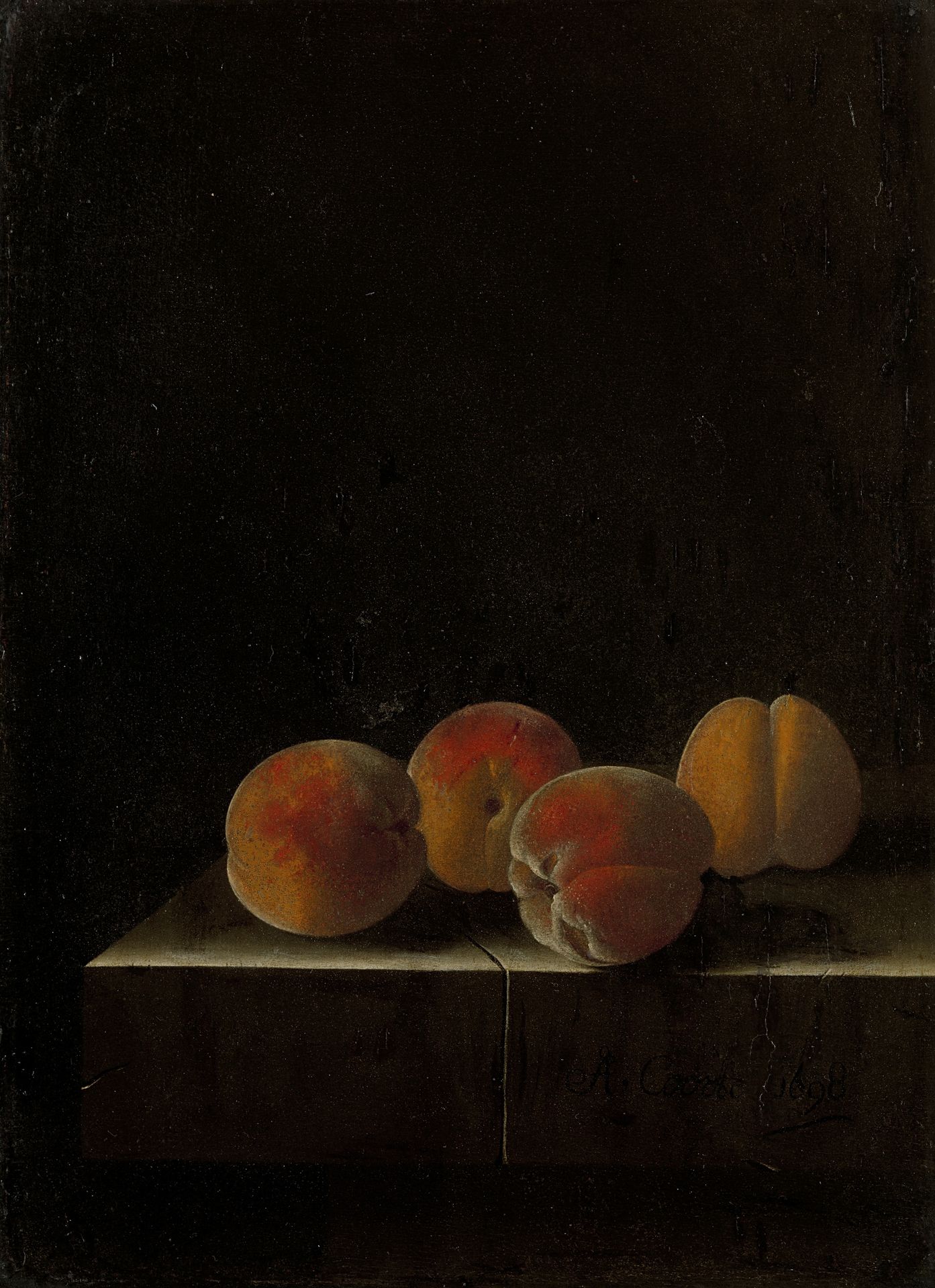 Four Apricots on a Stone Plinth by Adriaen Coorte
