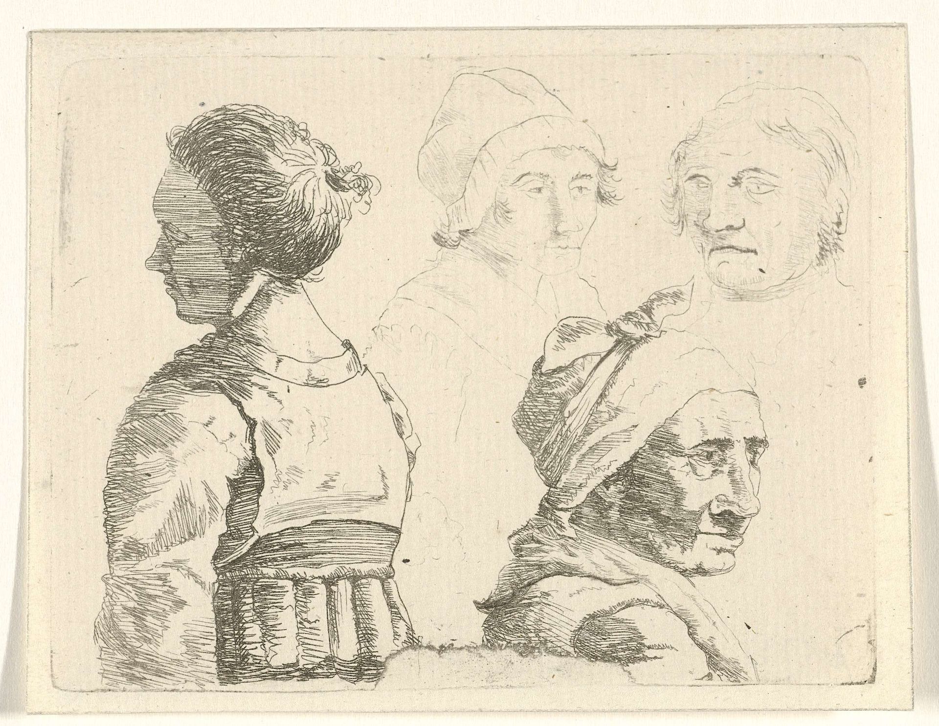 Studieblad met een vrouwenbuste en drie vrouwenhoofden by Gerrit Lamberts