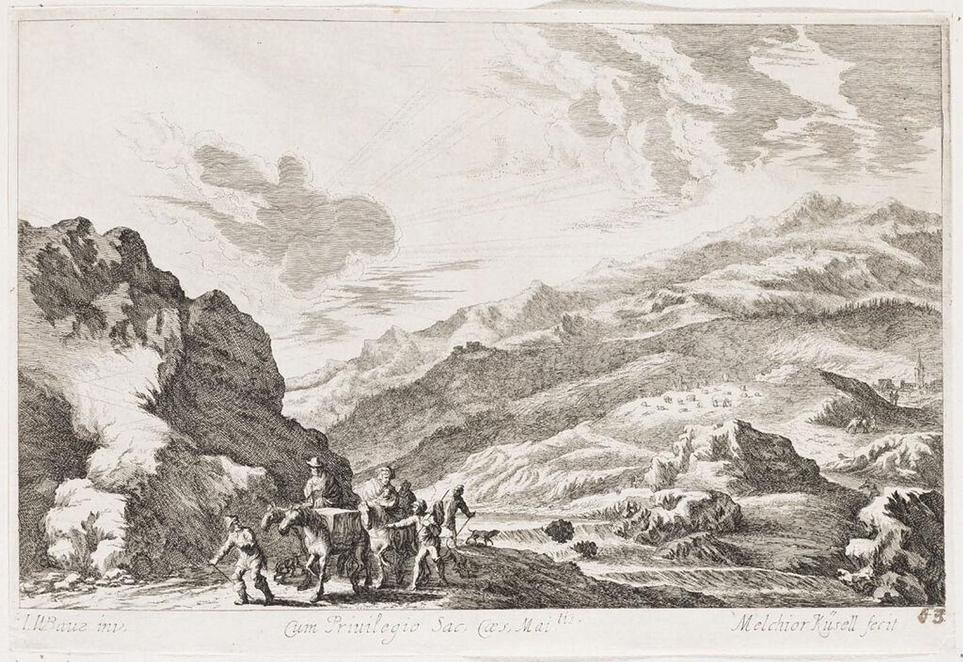 Hilly Riverside Landscape WIth a Family on Horseback Accompanied by Shepherds by Melchior KÃ¼sel