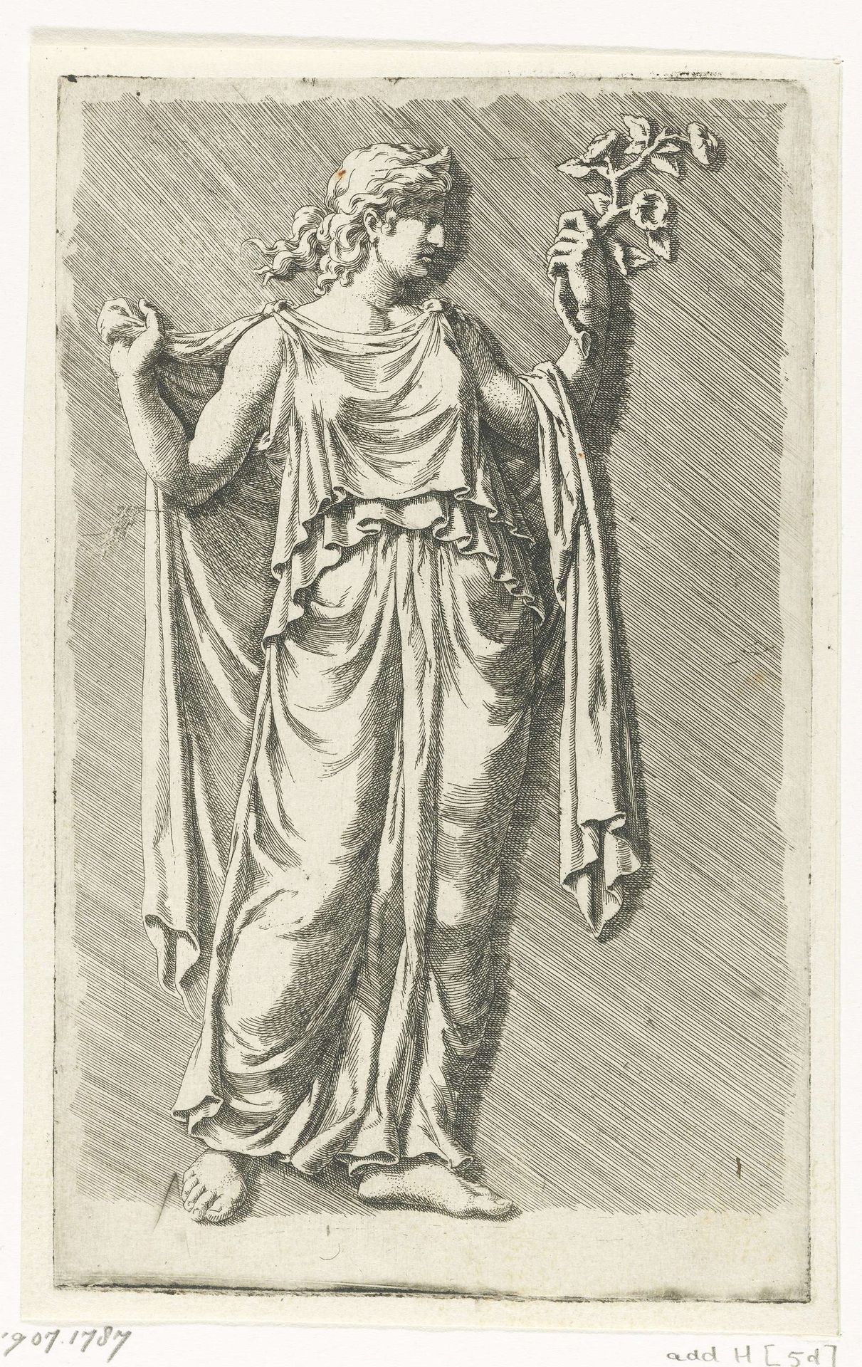 Flora met een bloesemtak in haar hand by Jan de Bisschop