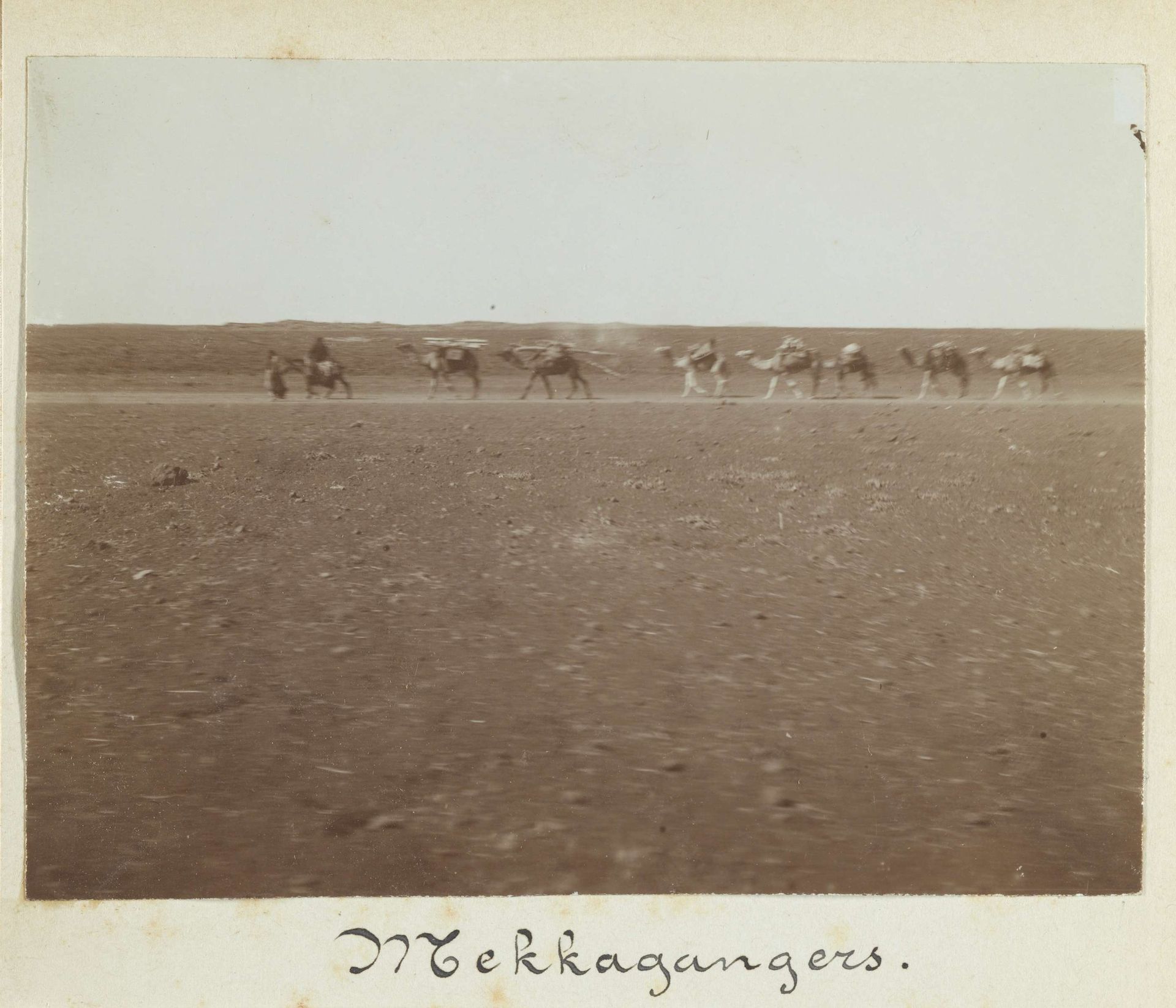 Karavaan met negen bepakte dromedarissen in een woestijn in Syrië by Johannes Lodewijk Heldring