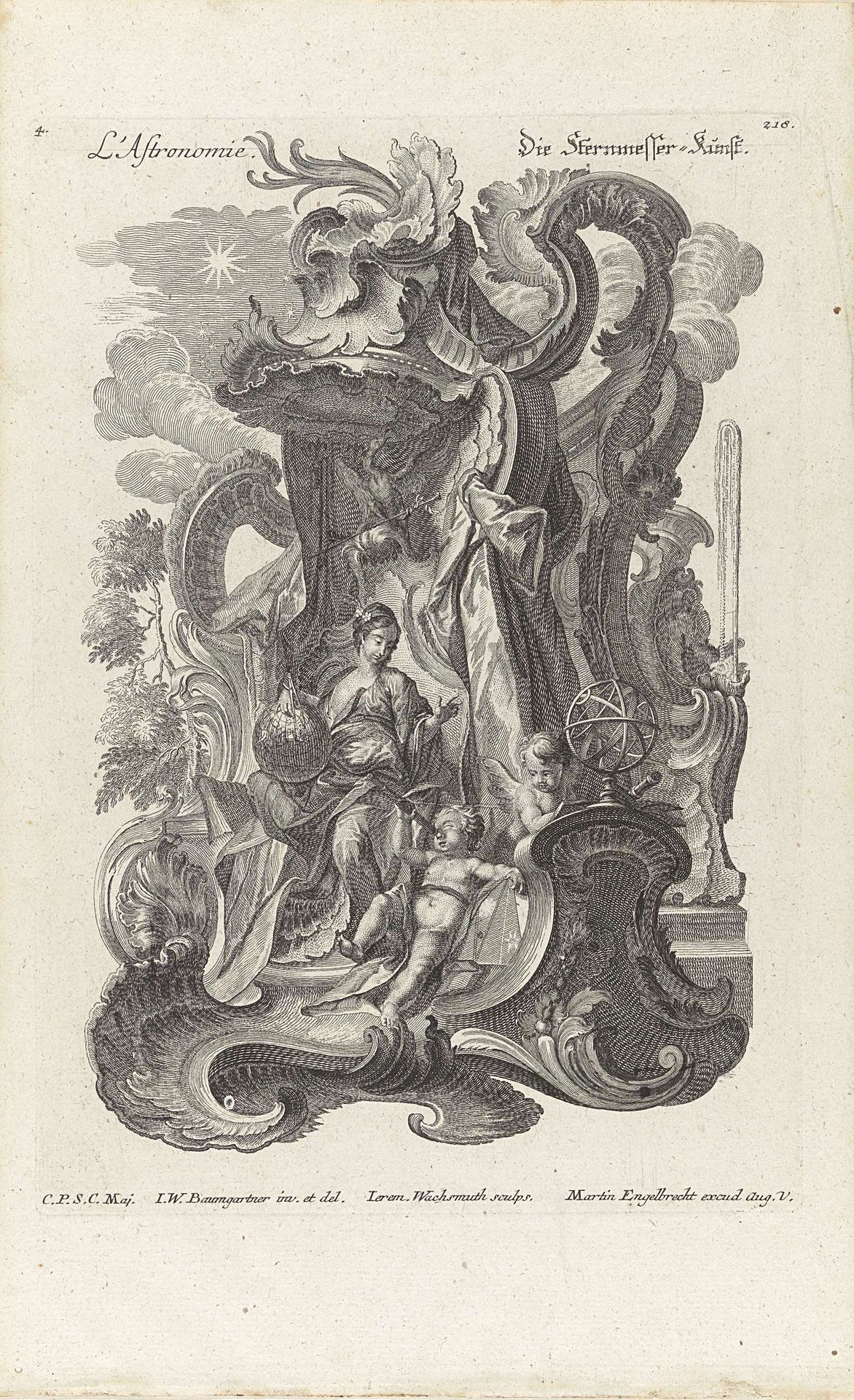 Rocaille met de personificatie van de Sterrenkunde (Astronomie) by Jeremias Wachsmuth