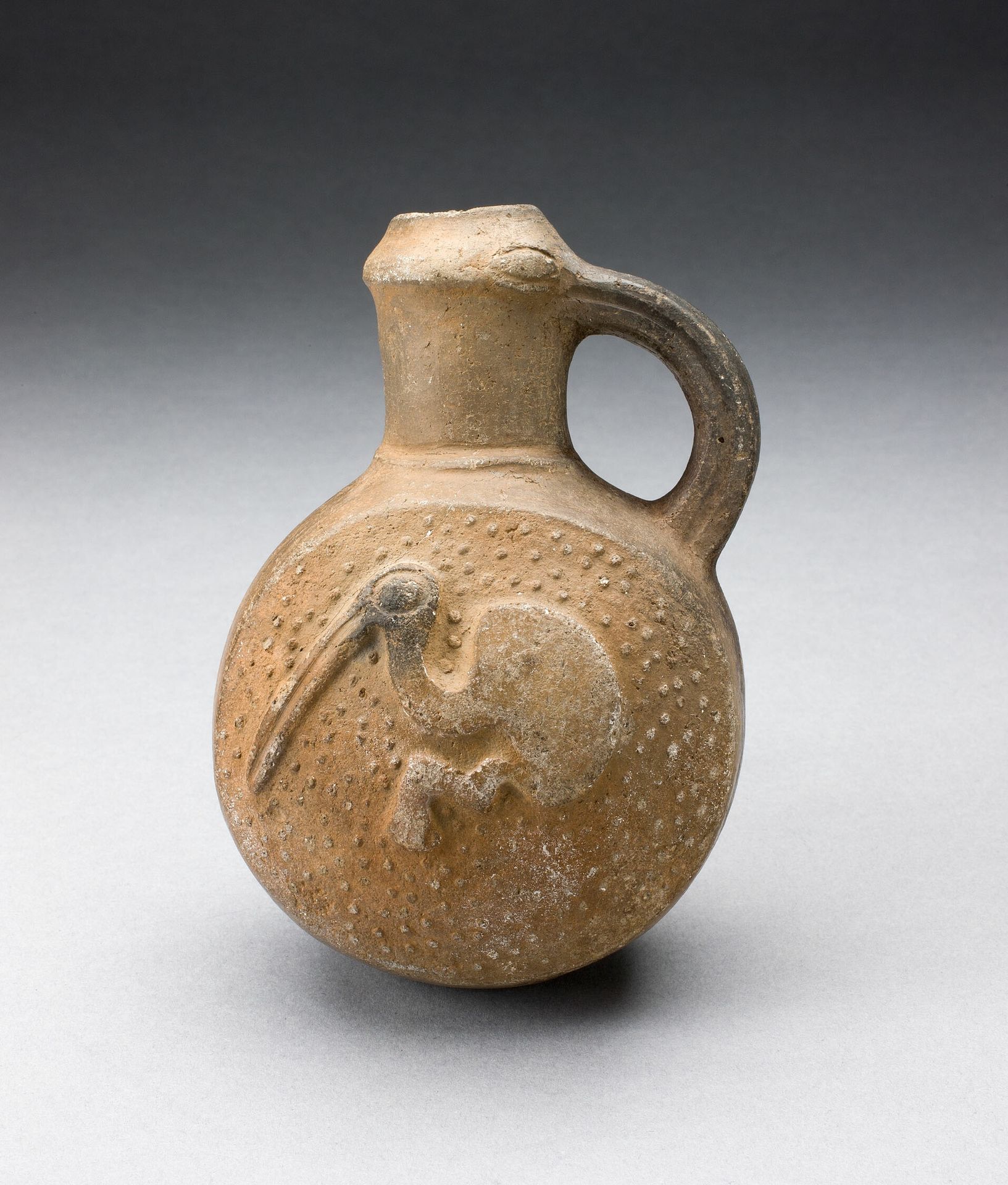 Handled Brownware Jug with Bird Impressed on Side by Chimú