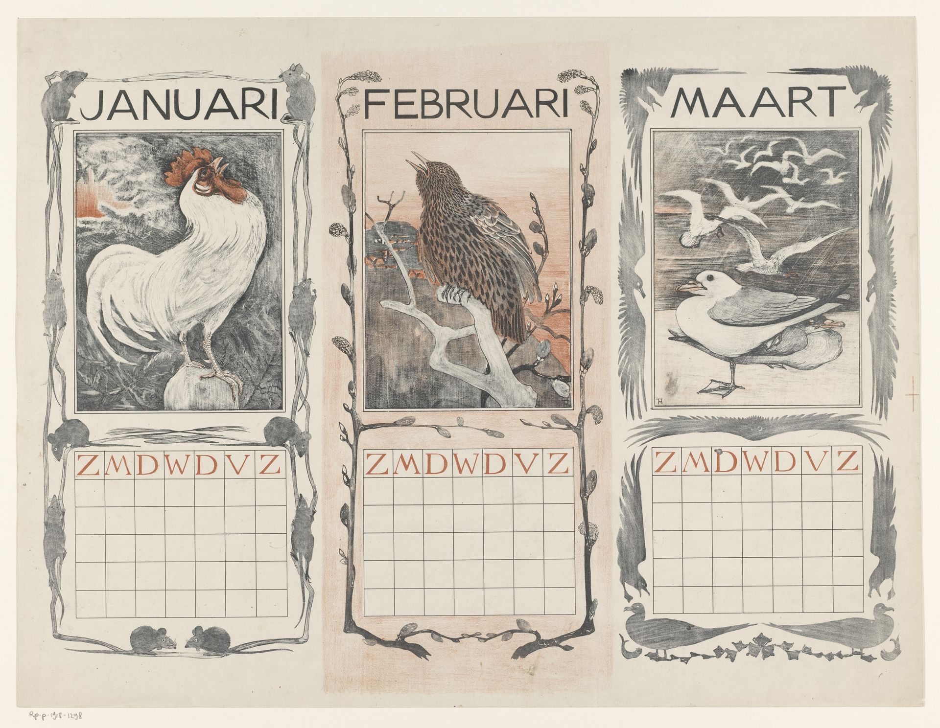 Kalenderbladen van januari, februari en maart, met vogels by Theo van Hoytema