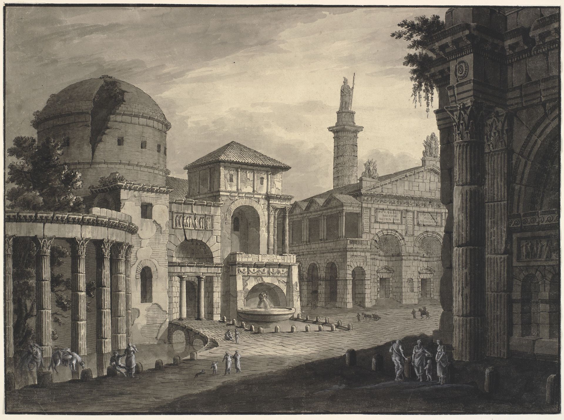 Architectural fantasy of an ancient city with a square and many buildings, some partially in ruins by Robert Adam