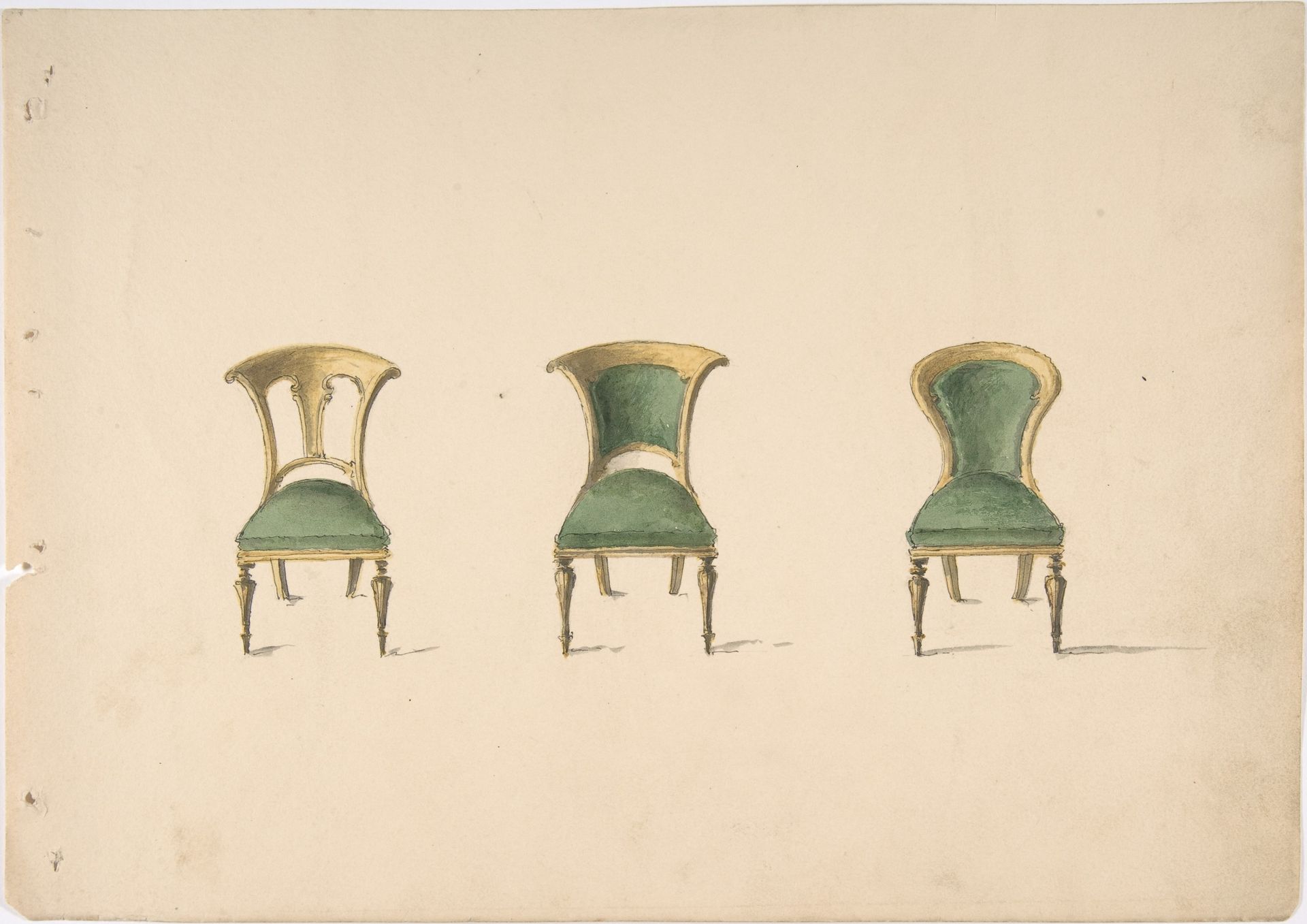 Design for Three Chairs with Green Upholstery by Anonymous