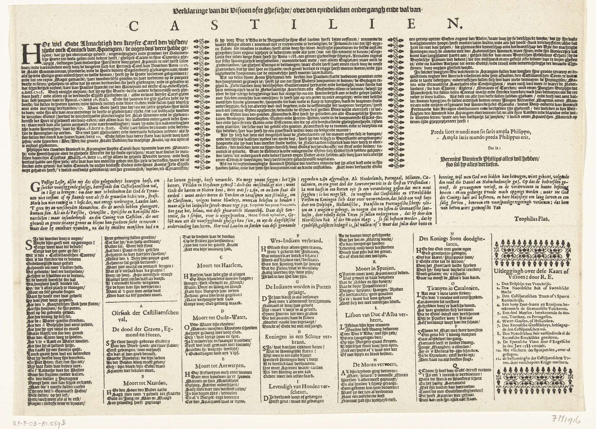 Tekstblad bij de prent van het visioen van de ondergang van Spanje, ca. 1630 by Anonymous