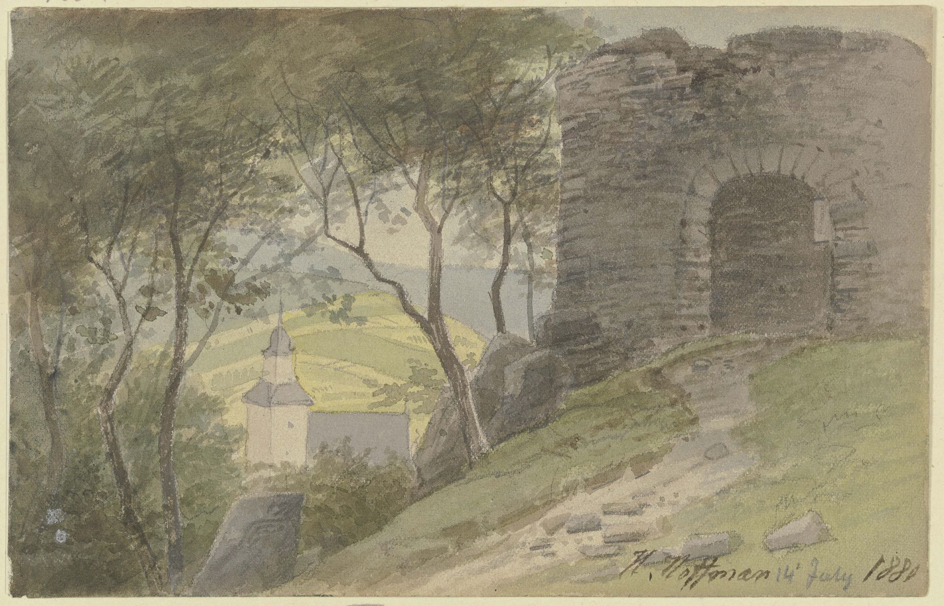 Falkenstein, Ansicht der Ruine mit der Kirche im Tal by Heinrich Adolf Valentin Hoffmann