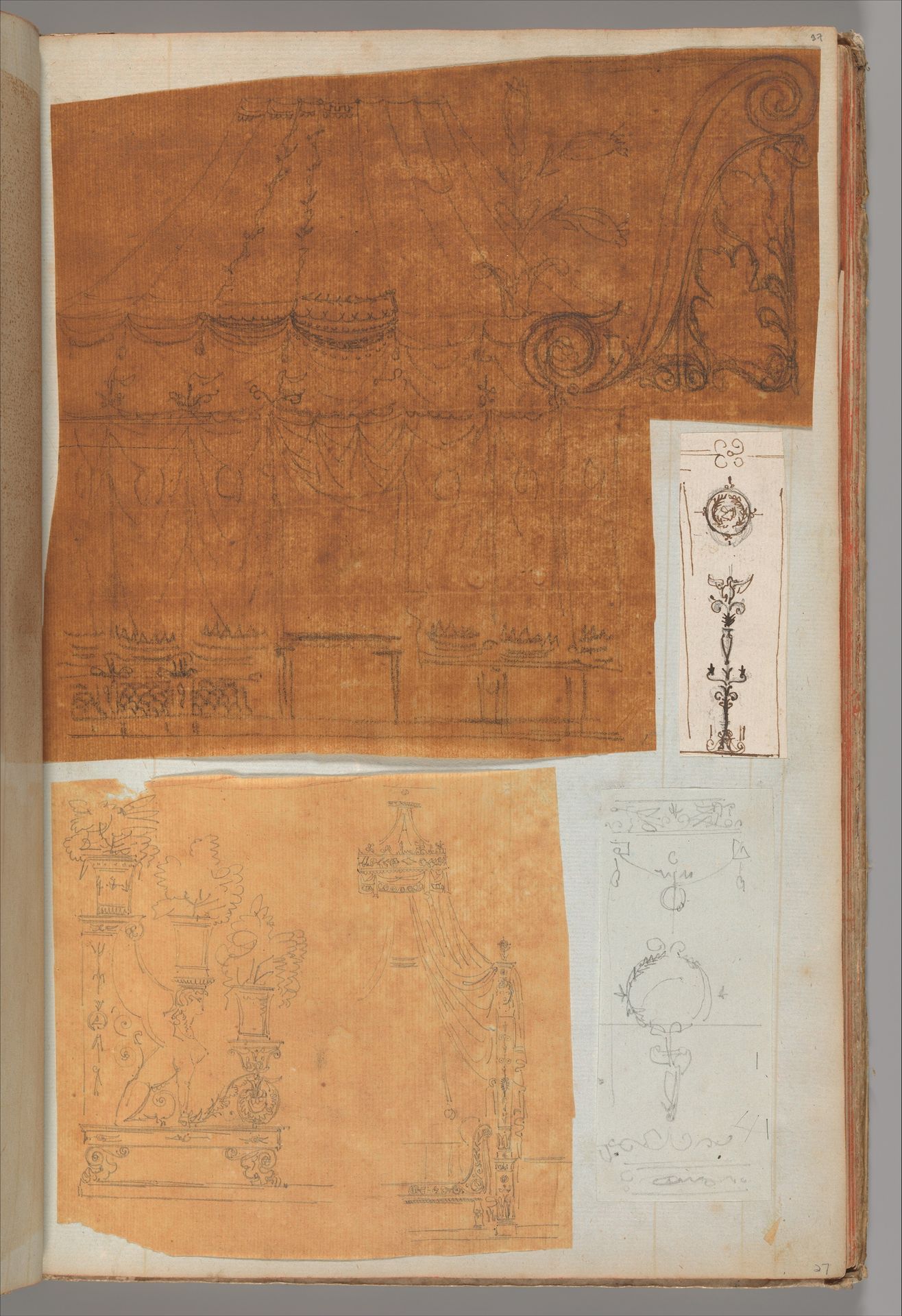 Page from a Scrapbook containing Drawings and Several Prints of Architecture, Interiors, Furniture and Other Objects by Charles Percier