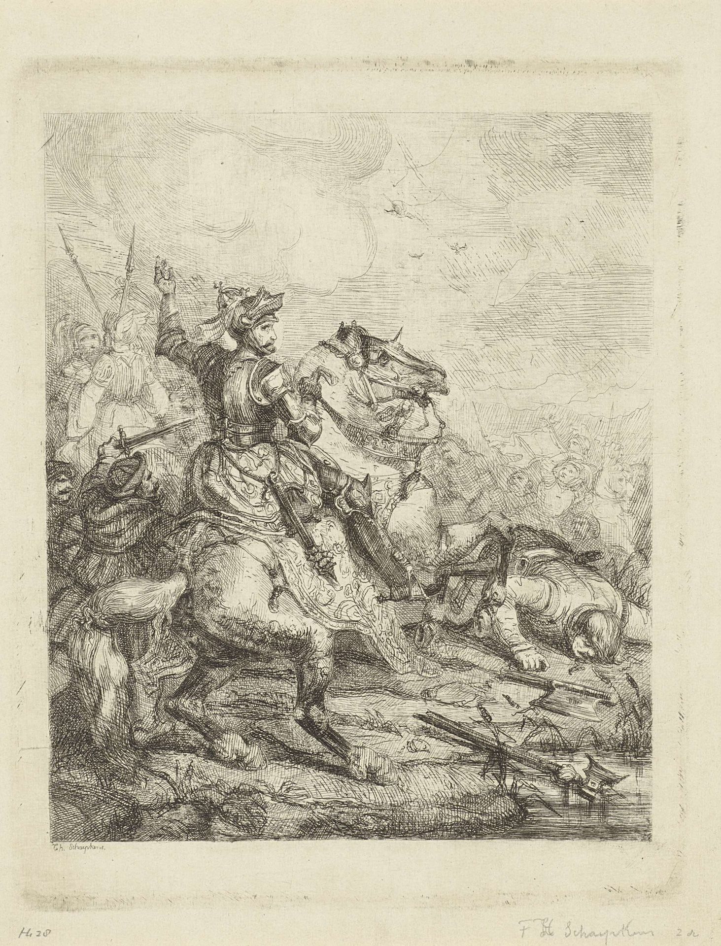 Keizer Hendrik II de Heilige te paard in een veldslag by Theodoor Schaepkens