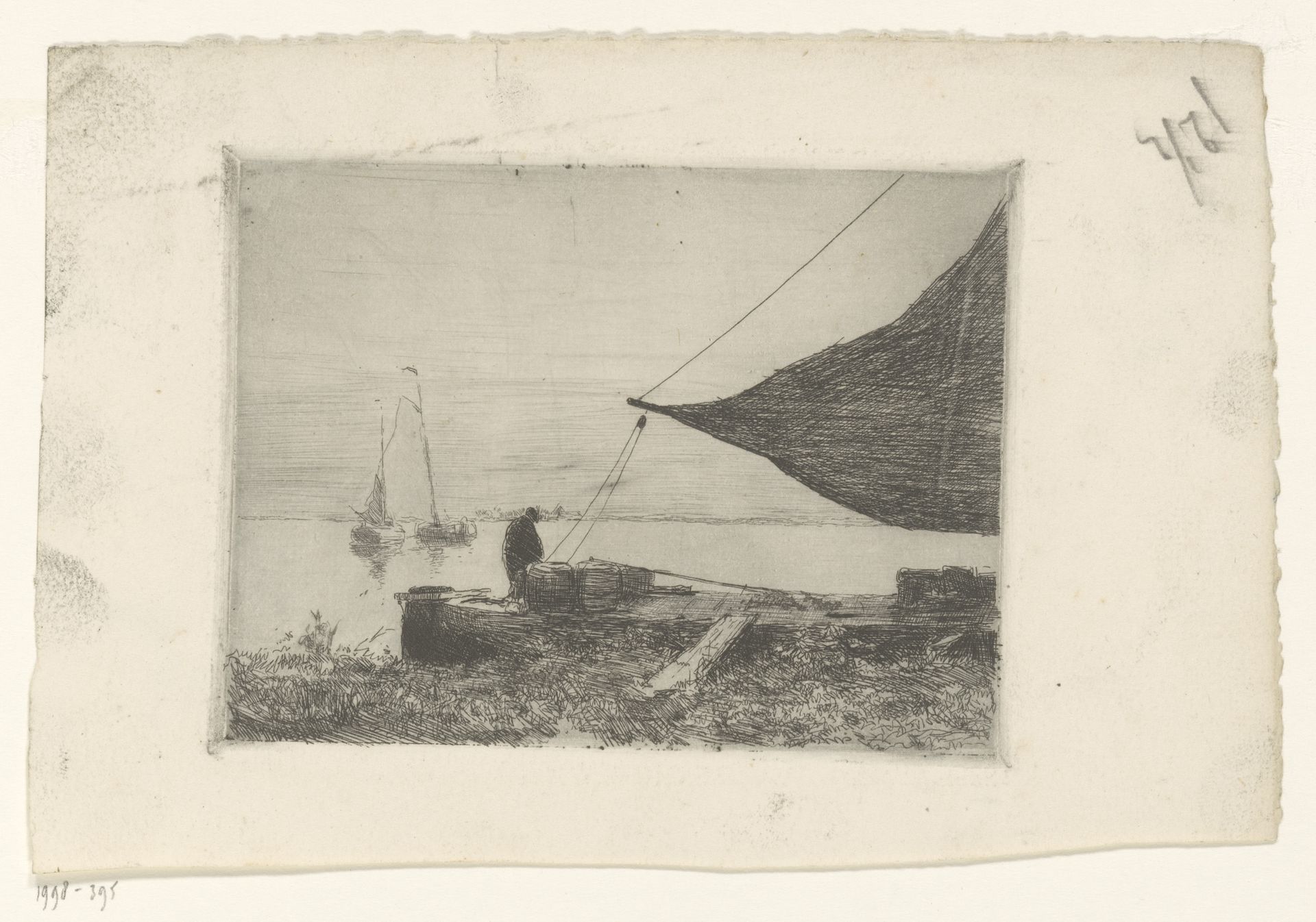 Man op een aangemeerde zeilboot op een meer by Cornelis Vreedenburgh