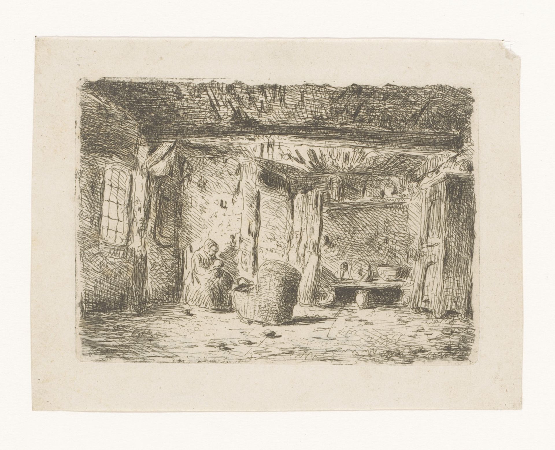 Interieur met vrouw bij wieg by Camille Venneman