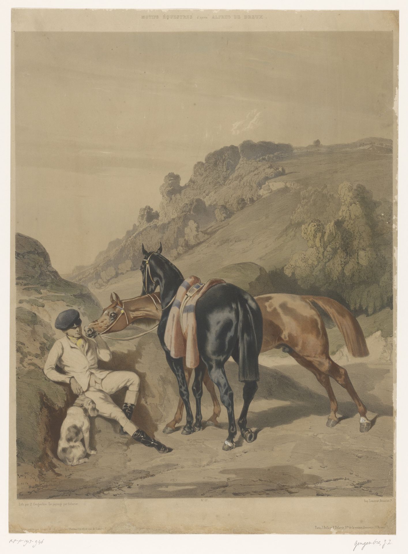 Twee paarden met rustende ruiter in een landschap by Joseph Zephyris Gengembre
