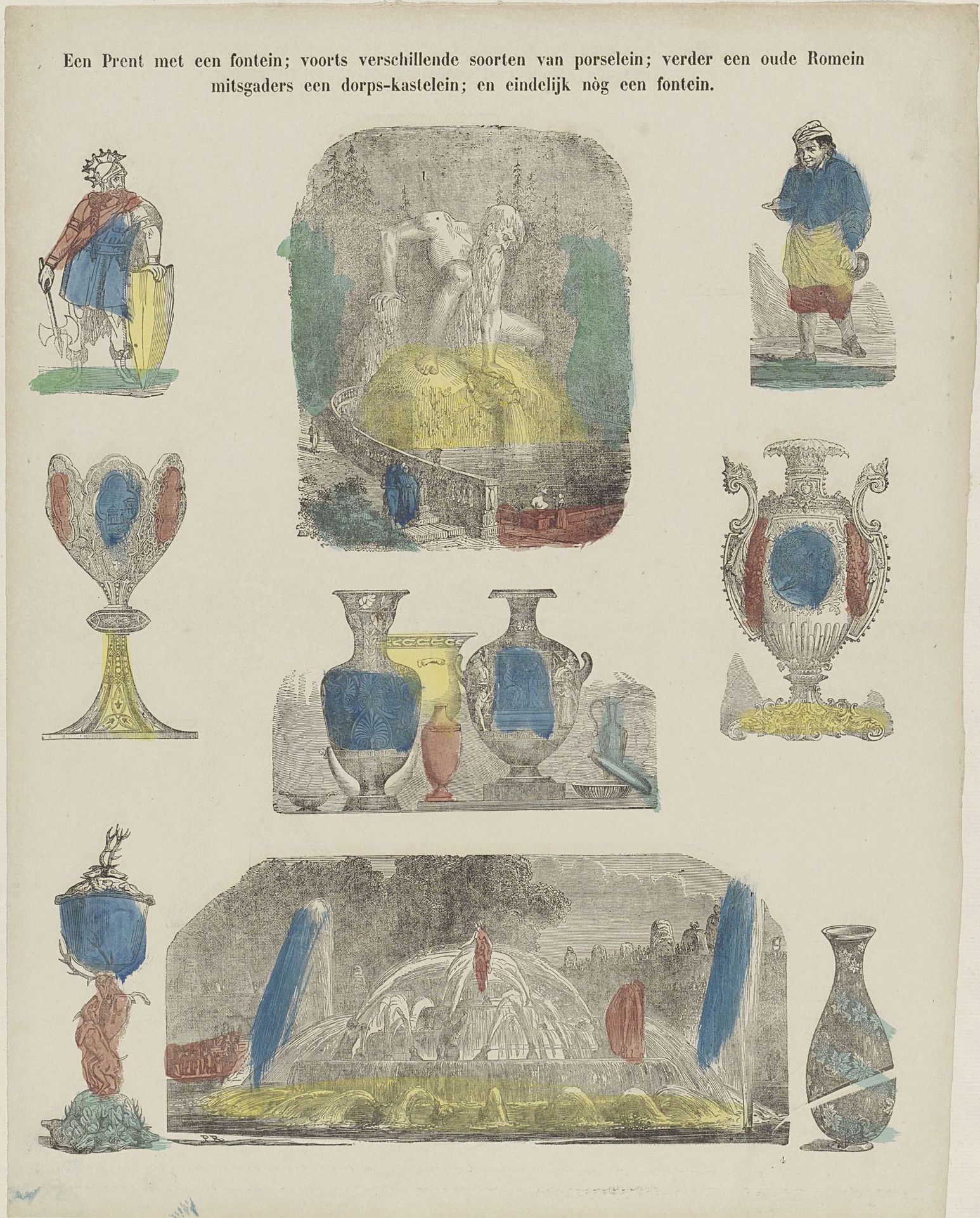 Een prent met een fontein; voorts verschillende soorten van porselein; verder een oude Romein / mitsgaders een dorps-kastelein; en eindelijk nòg een fontein by Monogrammist PB (houtgraveur)