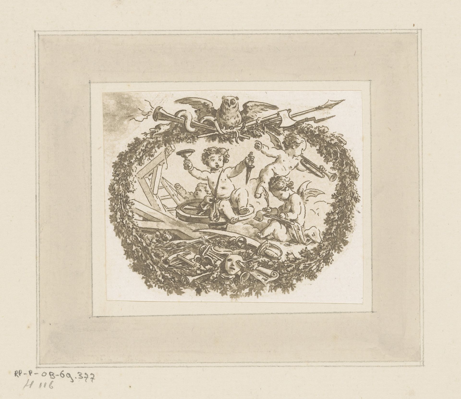 Vignet met drie amors in een krans van gebladerte met bovenop een uil by Jean Baptist Leprince