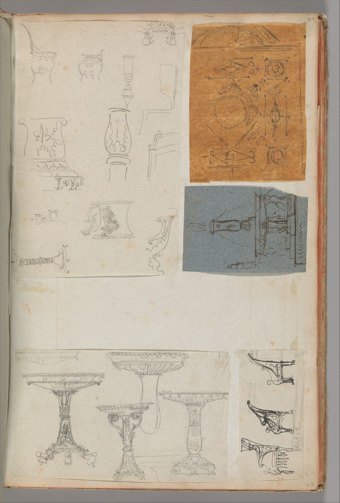 Page from a Scrapbook containing Drawings and Several Prints of Architecture, Interiors, Furniture and Other Objects by Charles Percier