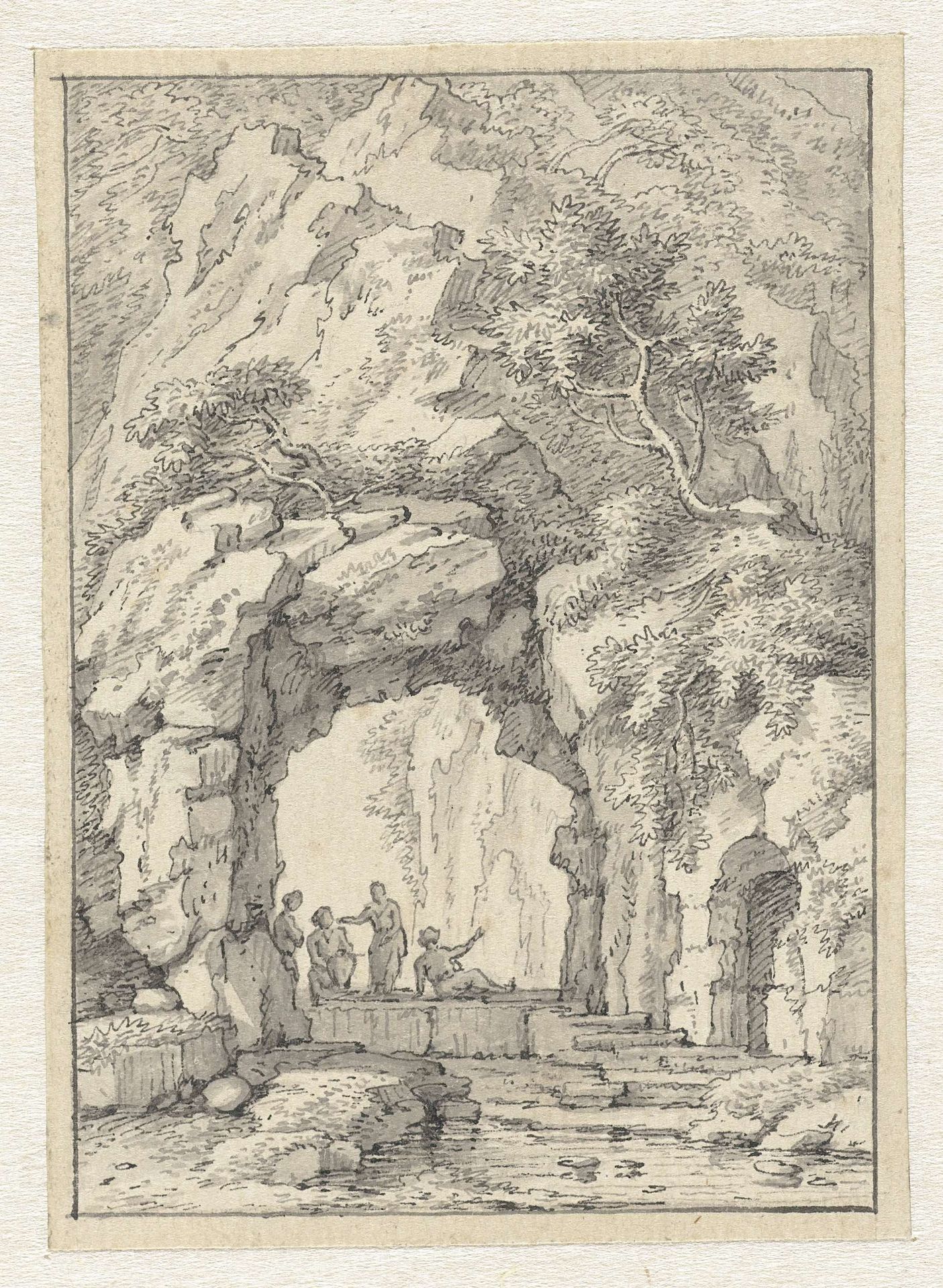 Klein landschap met figuren onder een rotsboog by Johannes de Bosch
