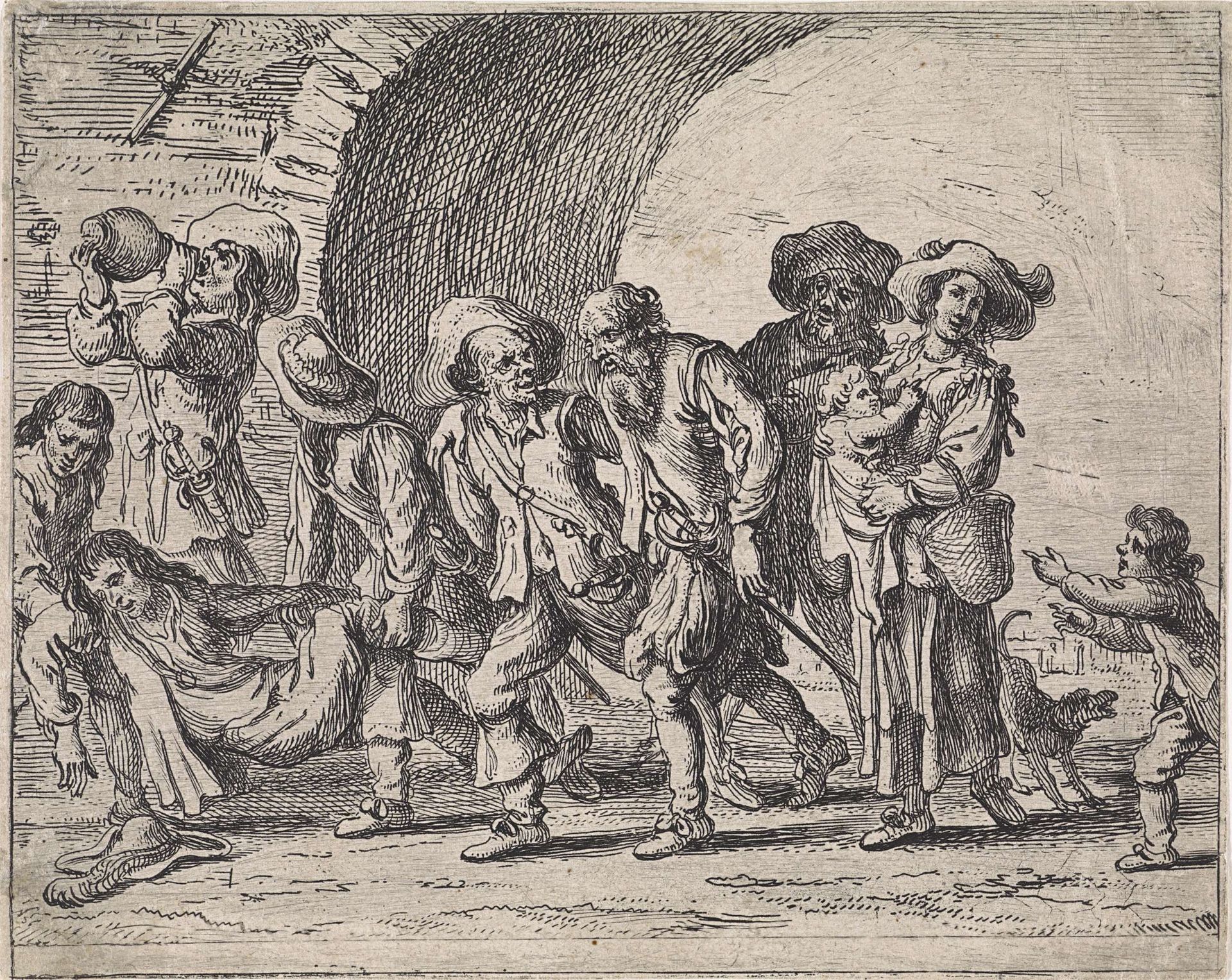 Dronken gezelschap bij stadspoort by Cornelis de Wael