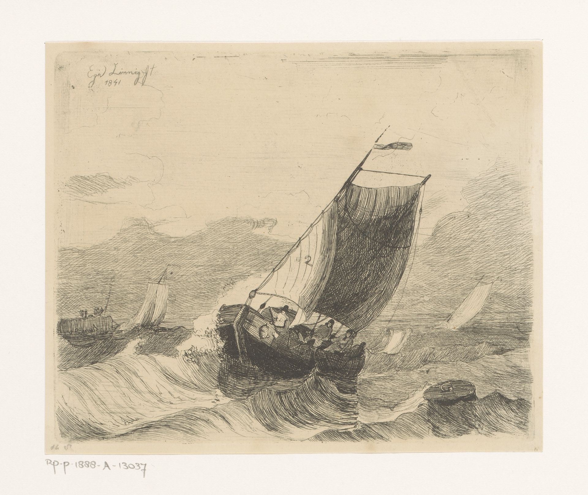 Vissersboot op onrustige zee by Egidius Linnig