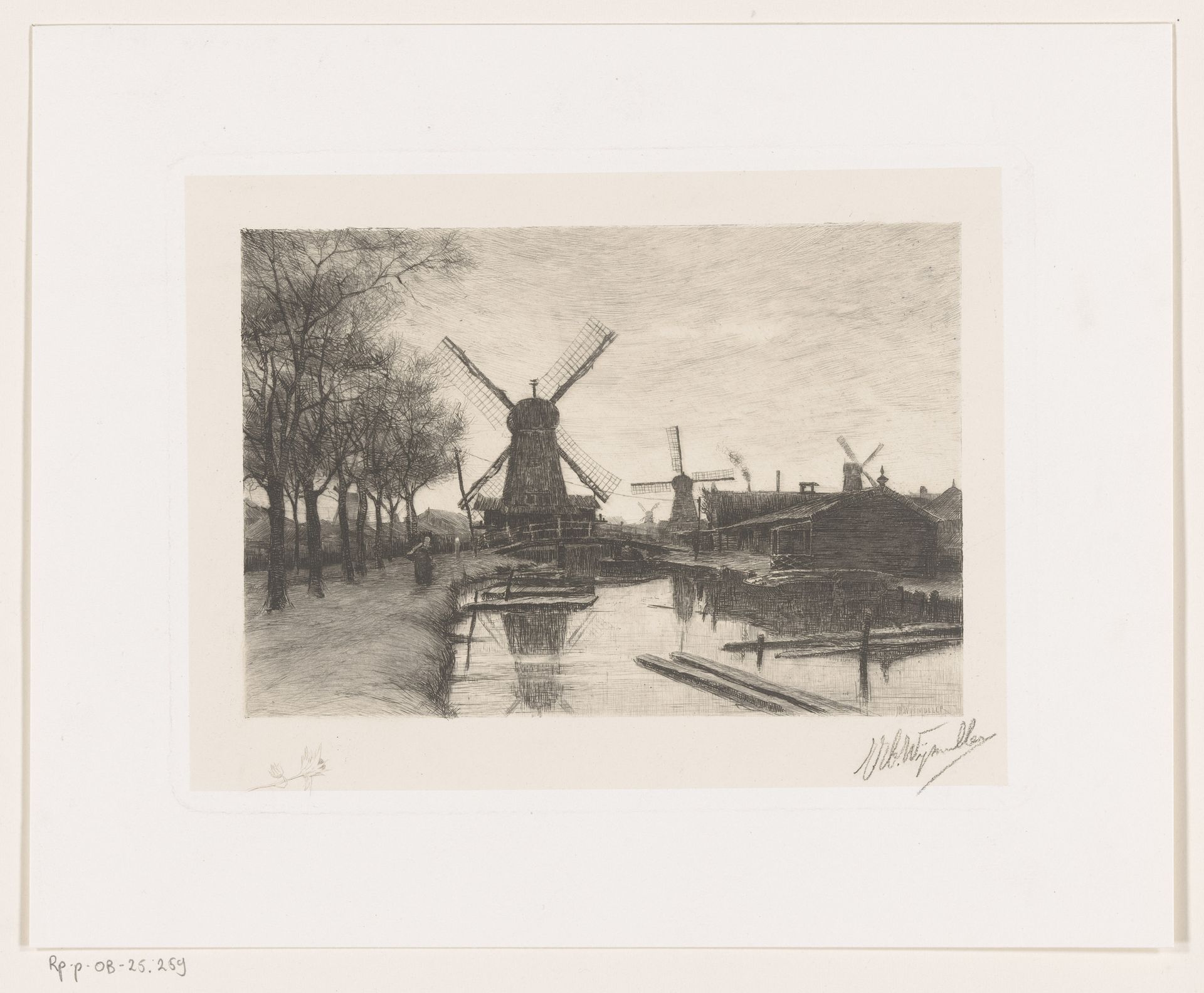 Singel met bomen en molens langs het water by Jan Hillebrand Wijsmuller