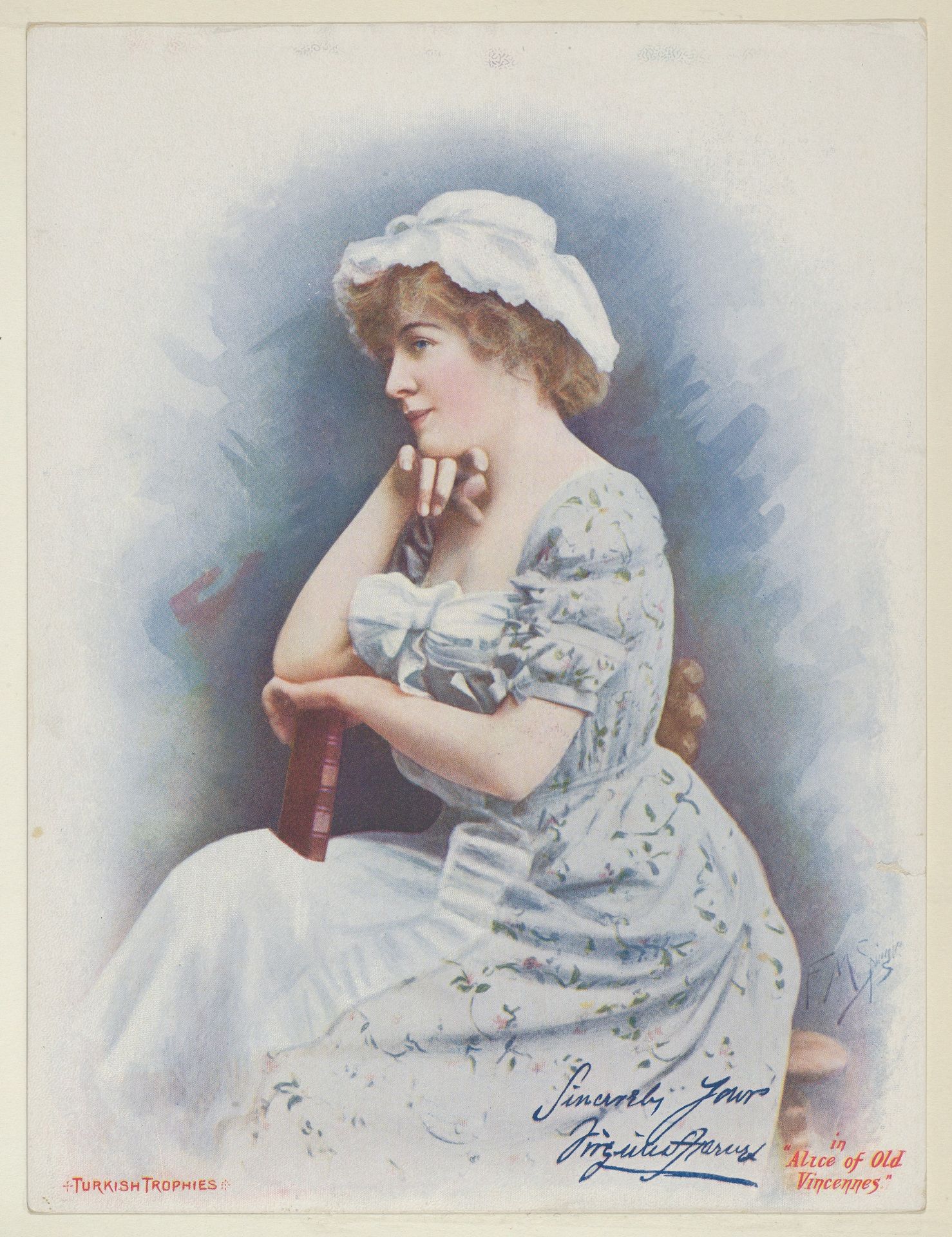 Alice of Old Vincennes, from the Actresses series (T1), distributed by the American Tobacco Co. to promote Turkish Trophies Cigarettes by Frederick Moladore Spiegle