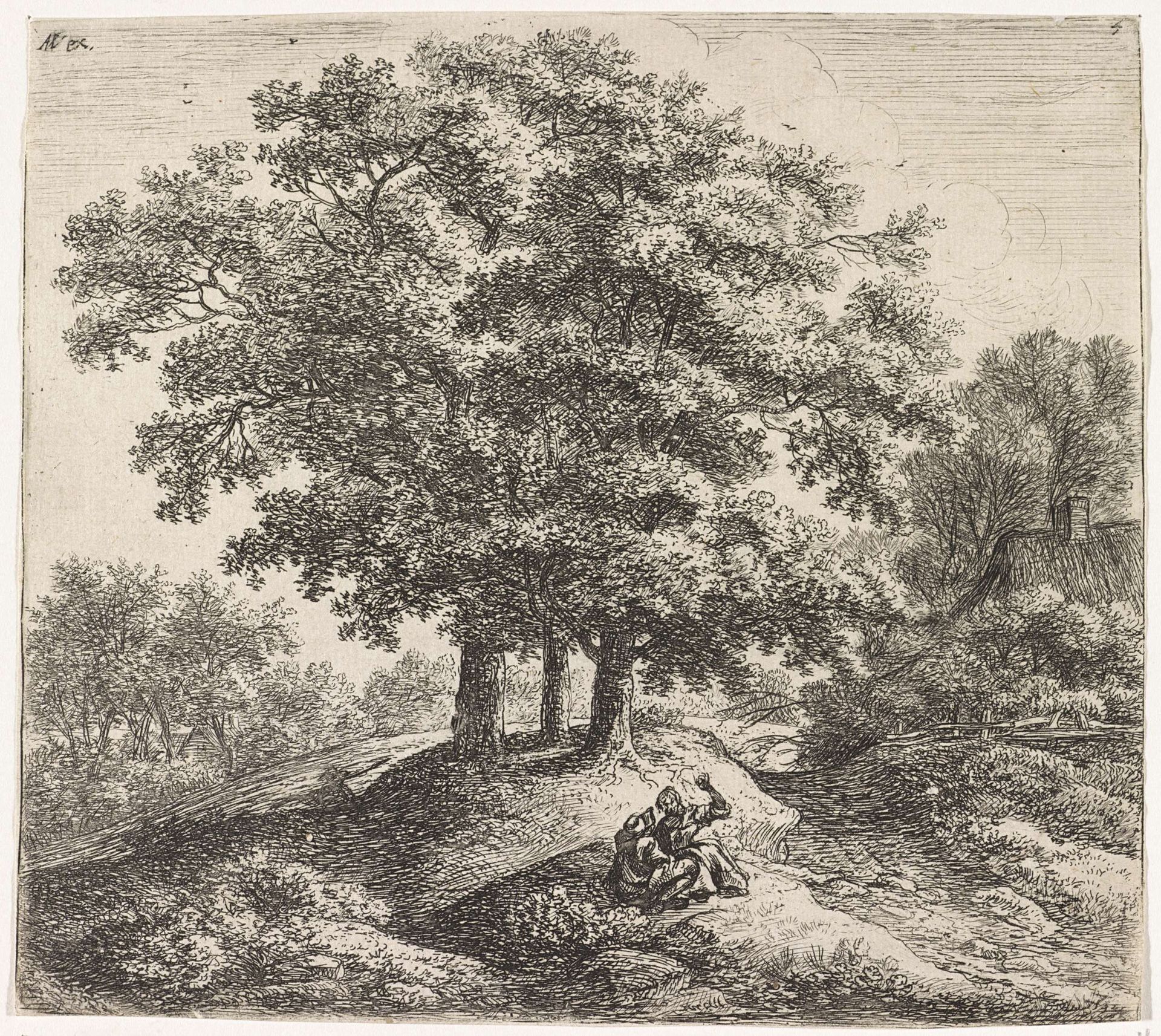 Twee figuren op een heuvel bij een huis by Anthonie Waterloo