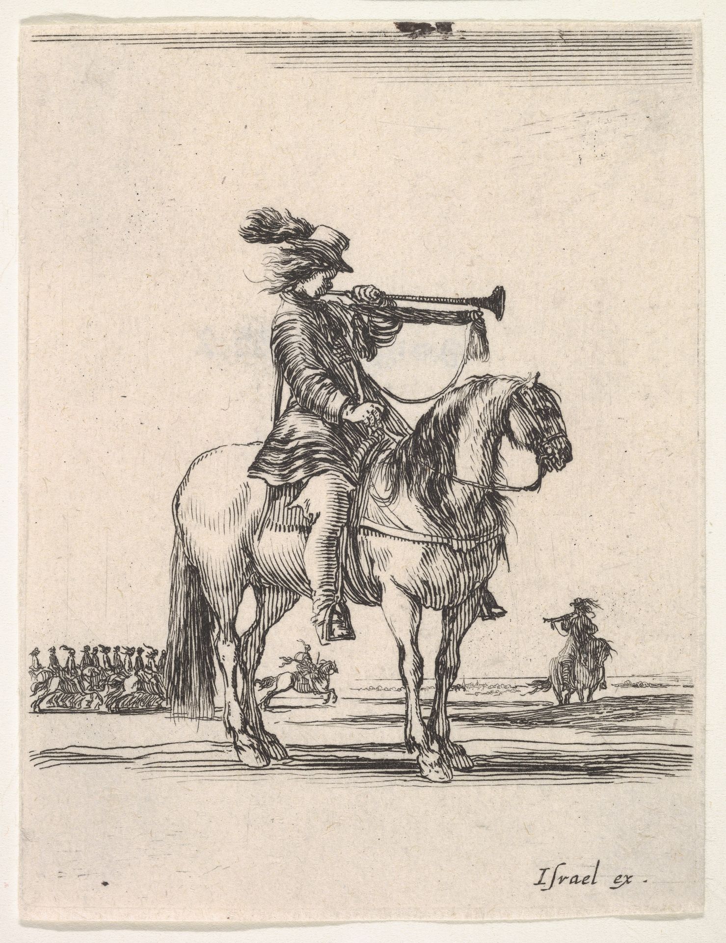 Trumpeter on horseback facing right, a group of horsemen in the background, from 'Various cavalry exercises' (Diverses exercices de cavalerie) by Stefano della Bella