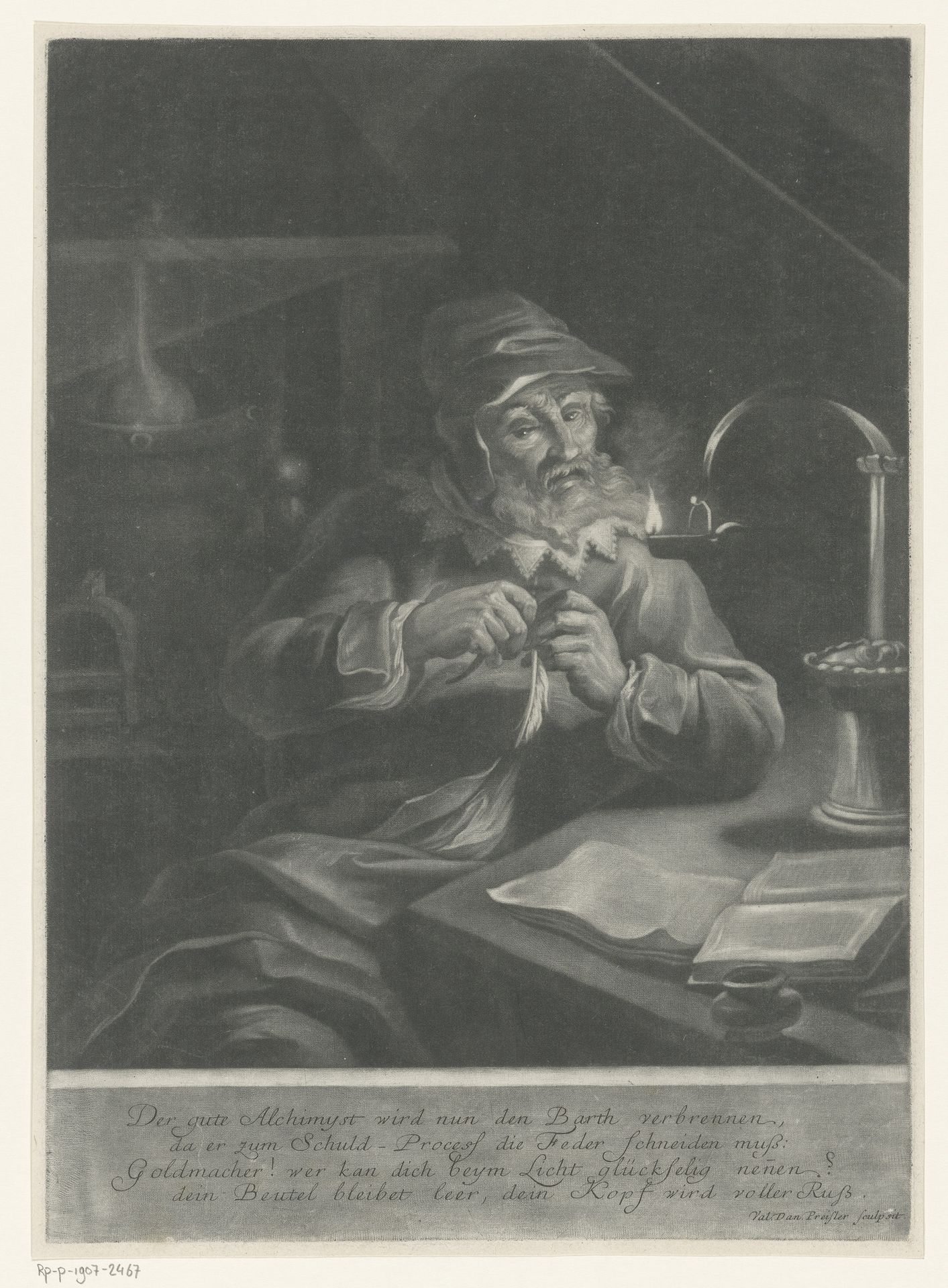 Alchemist in zijn werkplaats by Valentin Daniel Preissler