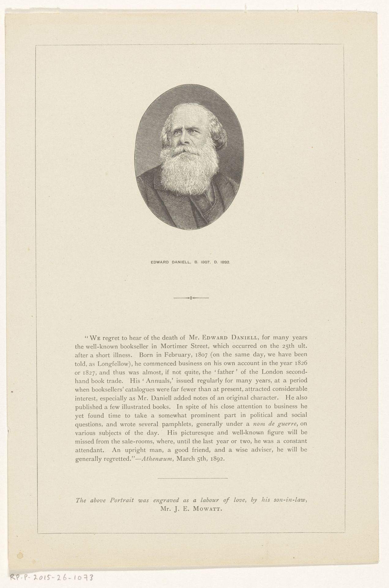 Portret van Edward Daniell, boekhandelaar te Londen by J.E. Mowatt