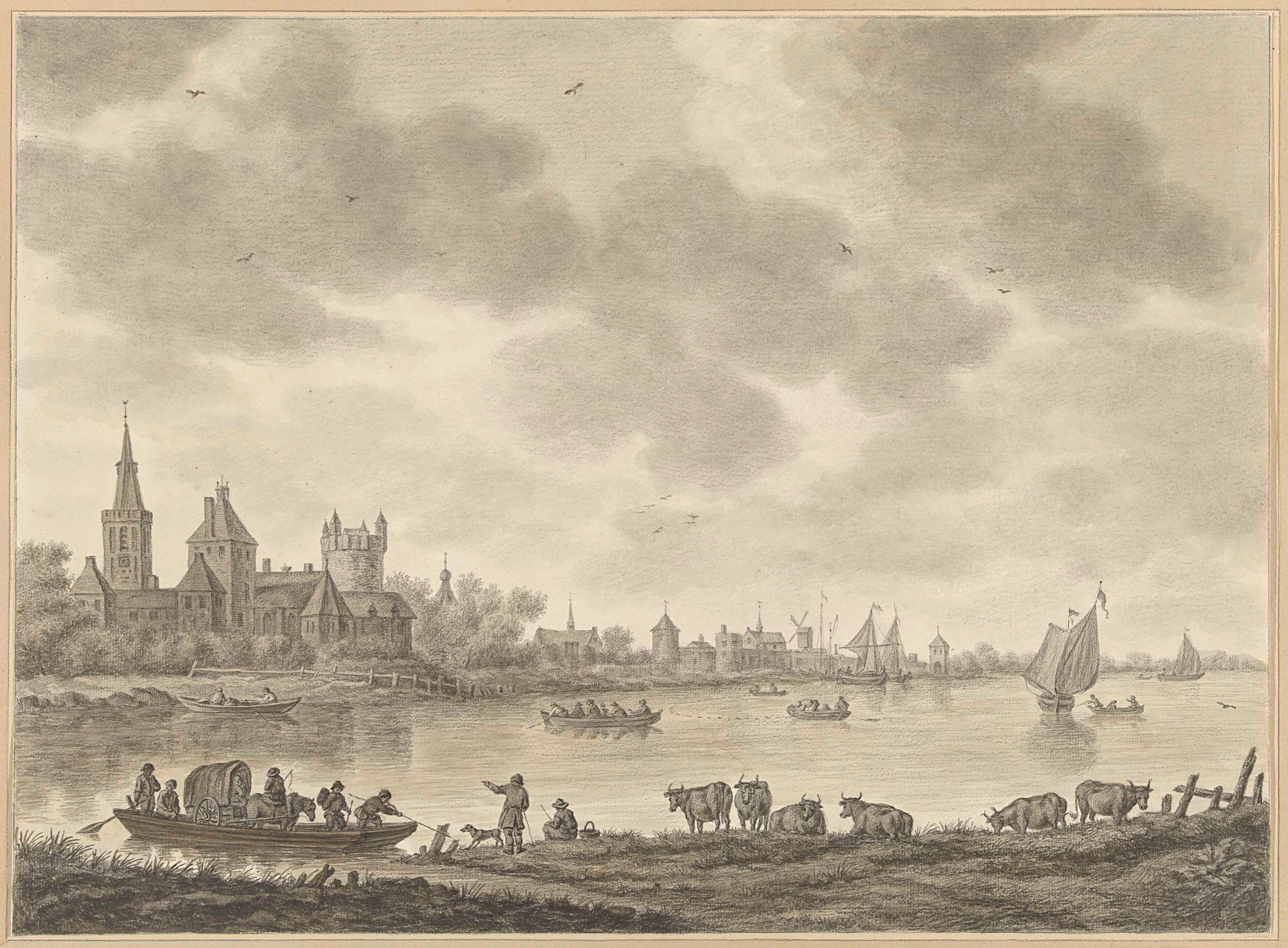 Rivierlandschap met veer by Abraham Delfos