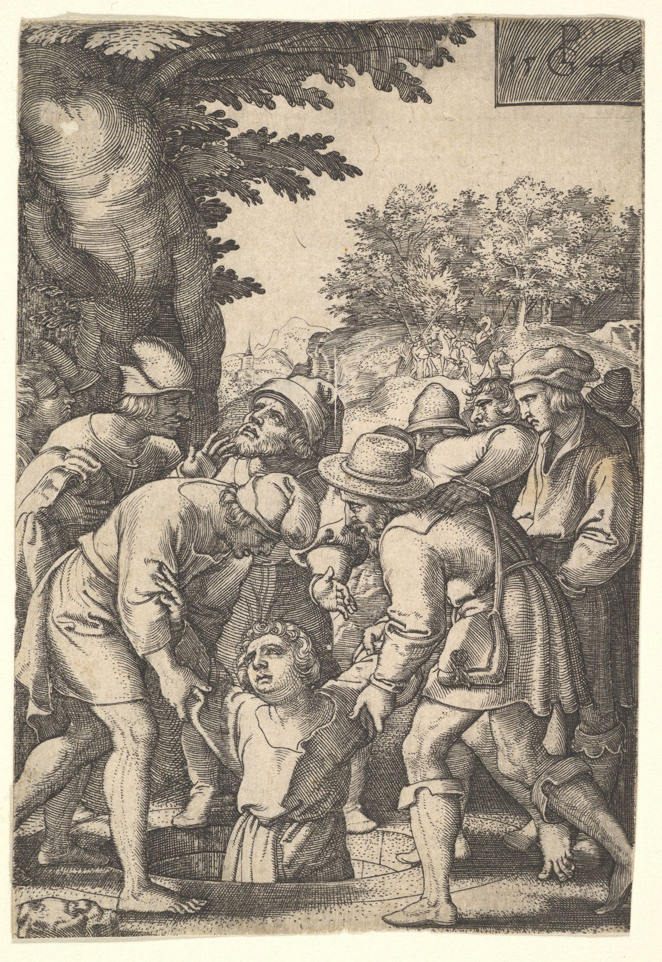 Joseph lowered into a well by his brothers, from the series 'The Story of Joseph' by Georg Pencz