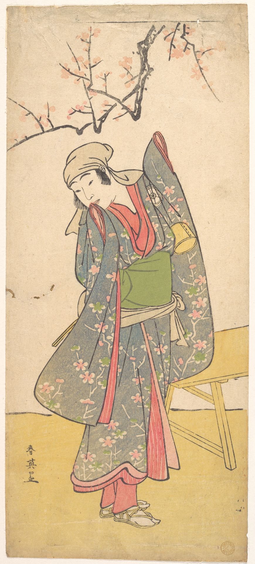 The Fourth Iwai Hanshiro as a Young Girl Standing by a Wooden Bench by Katsukawa Shun'ei