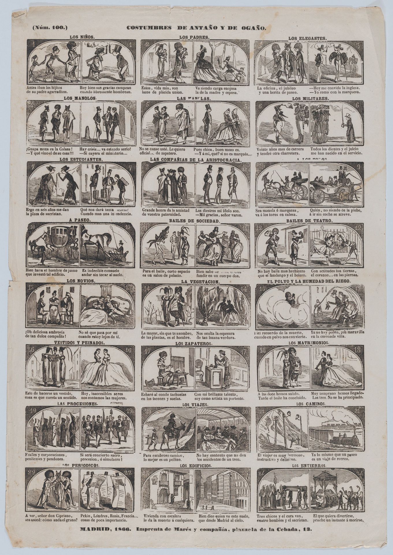 Broadside with 48 (24 pairs) scenes contrasting Spanish customs past and present by José María Marés