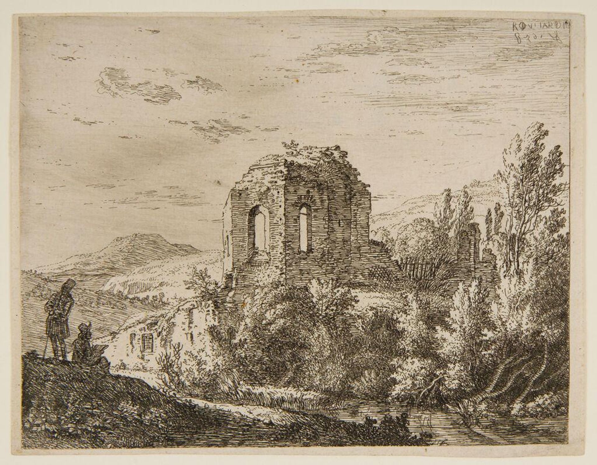 The Ruins of a Temple, in the Foreground Two Men and a Dog by Karel Dujardin